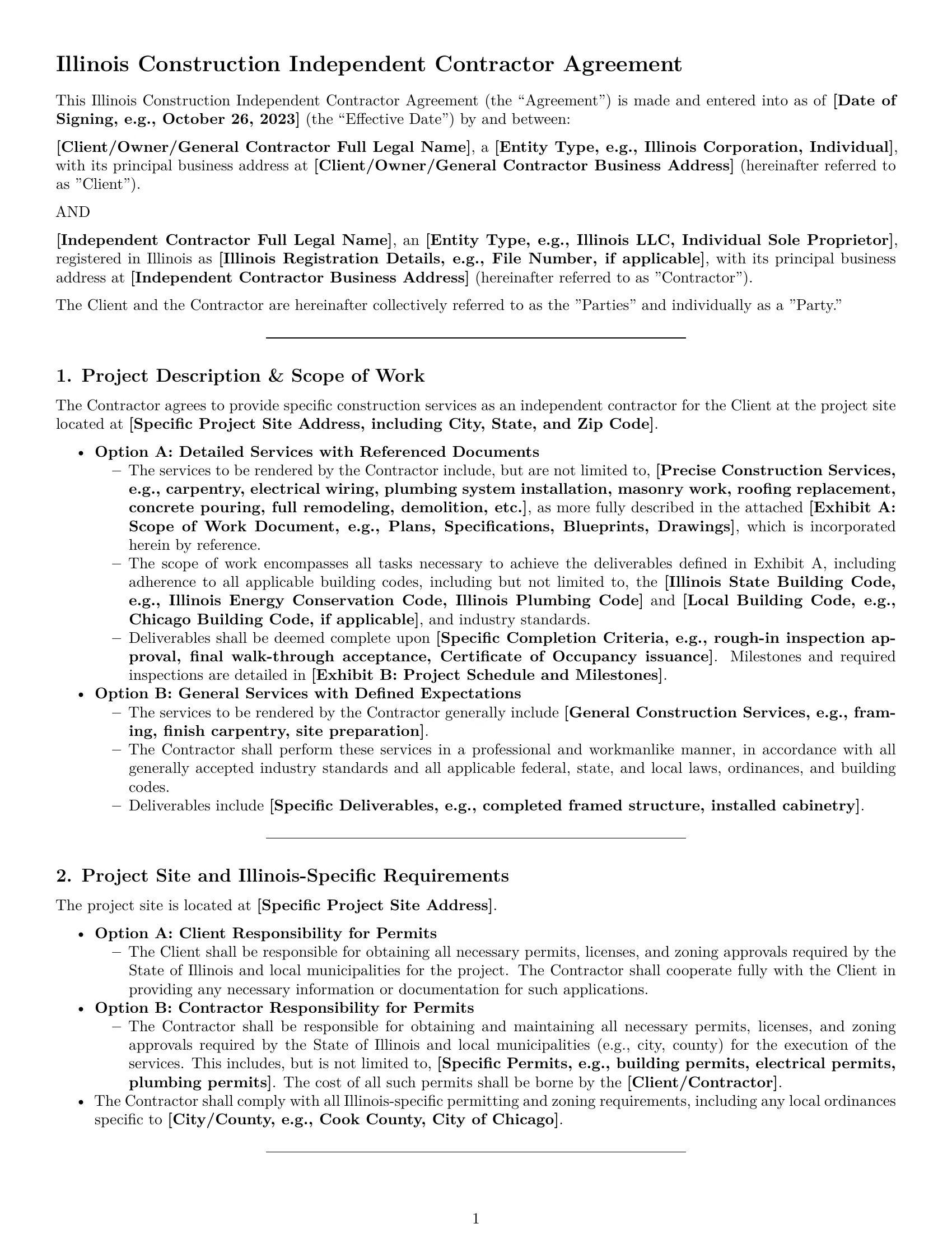 Preview page 1 of Pro Illinois construction independent contractor agreement template
