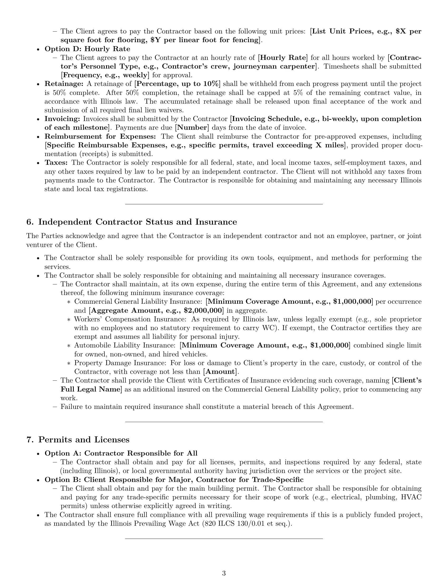 Preview page 3 of Pro Illinois construction independent contractor agreement template