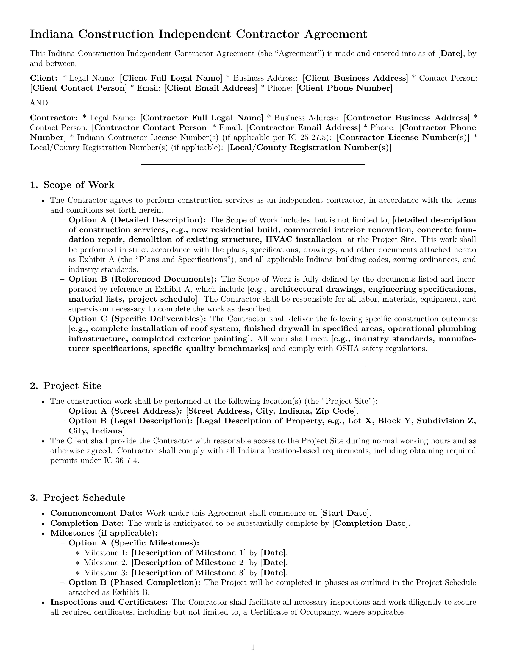 Preview page 1 of Pro Indiana construction independent contractor agreement template