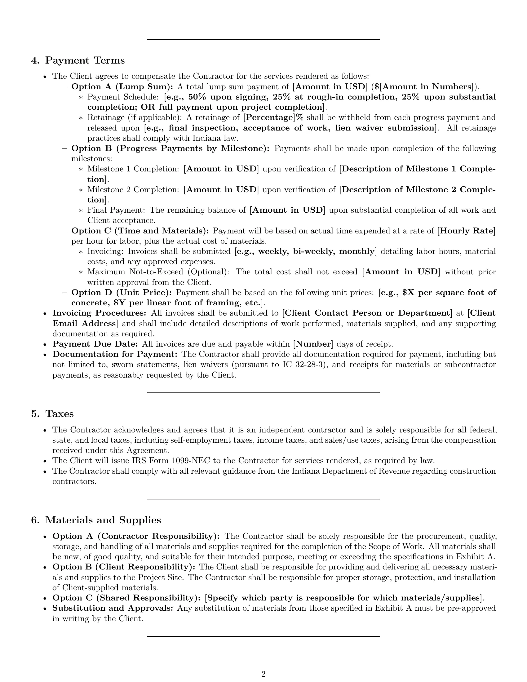Preview page 2 of Pro Indiana construction independent contractor agreement template