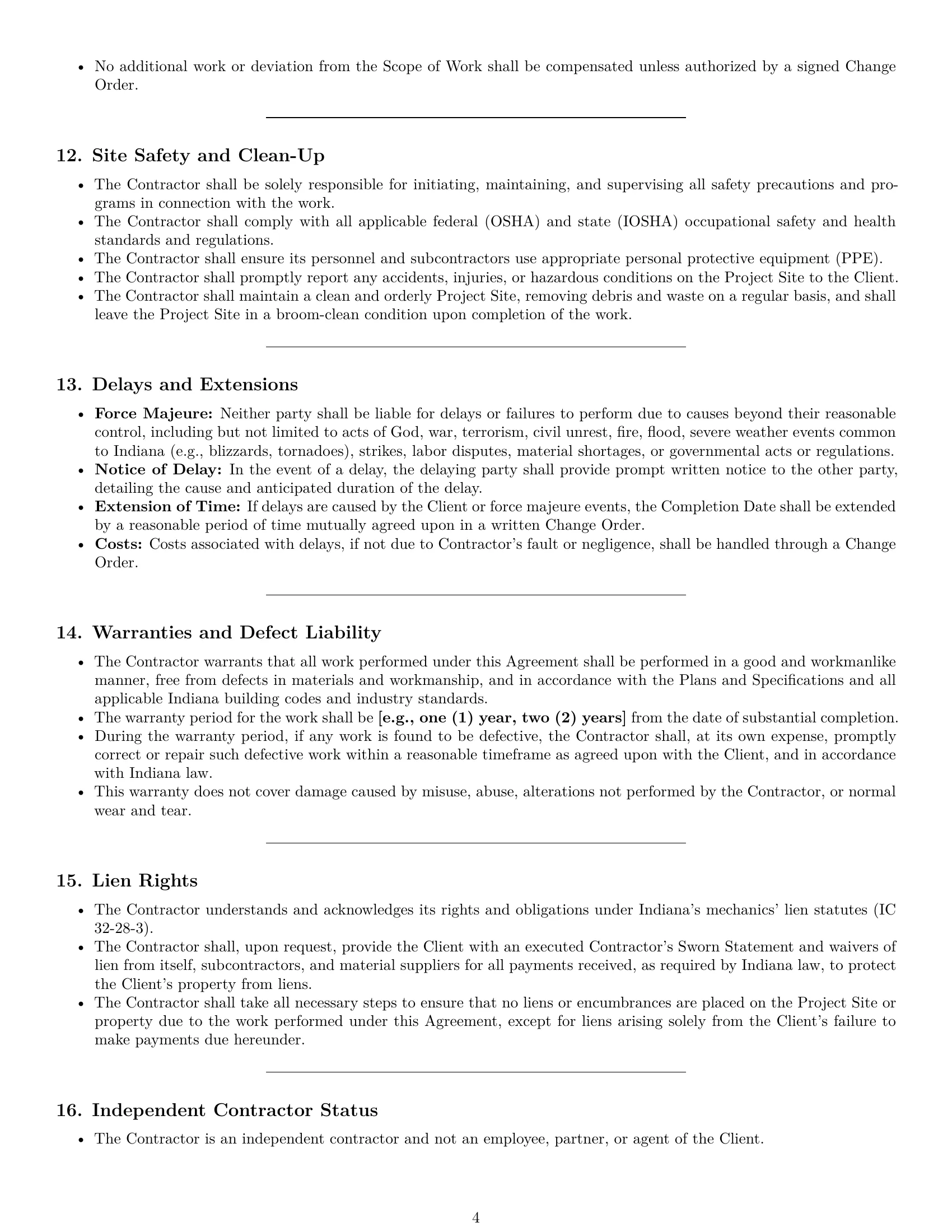 Preview page 4 of Pro Indiana construction independent contractor agreement template