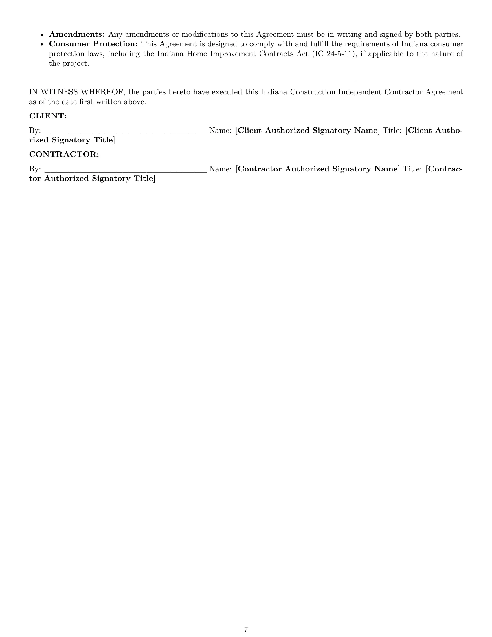 Preview page 7 of Pro Indiana construction independent contractor agreement template