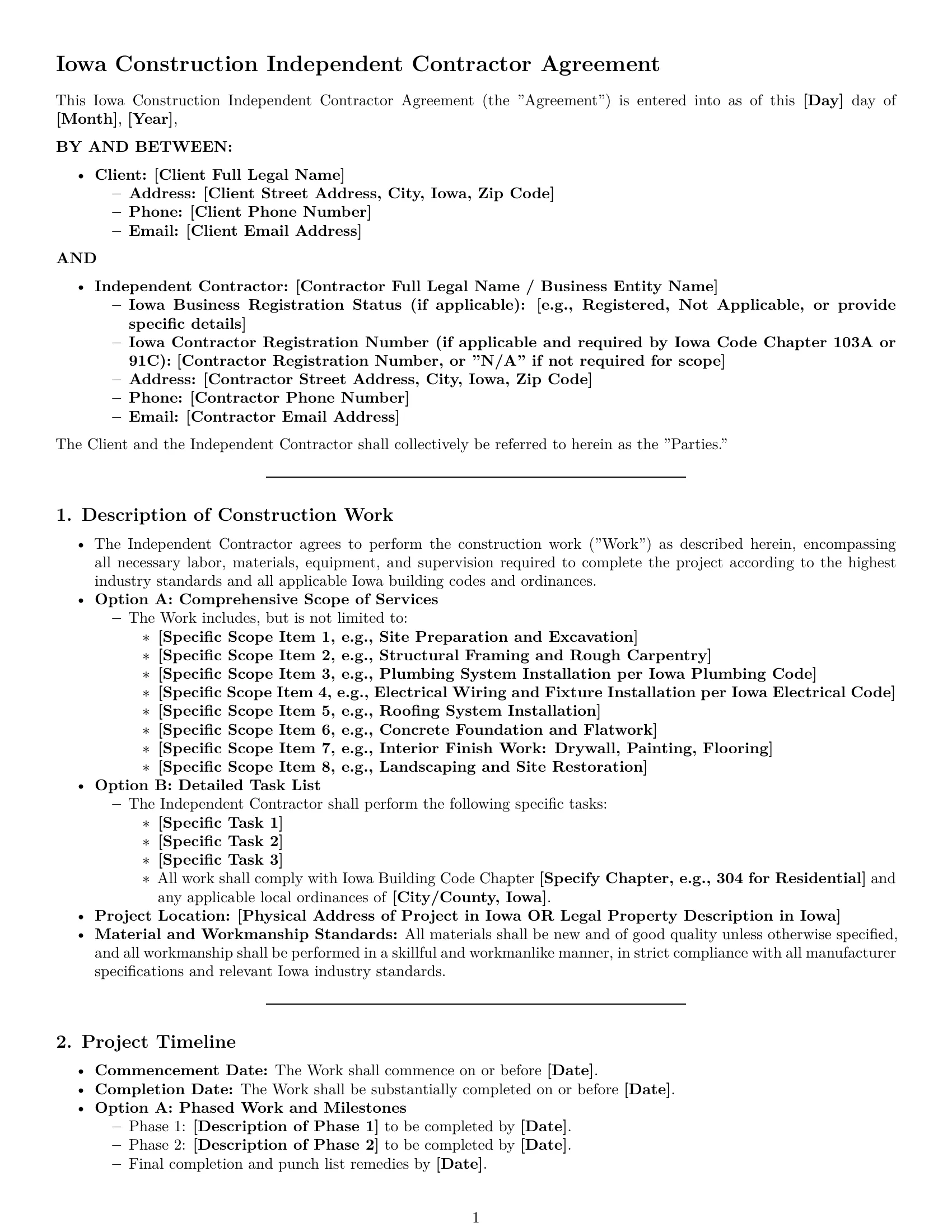 Preview page 1 of Pro Iowa construction independent contractor agreement template