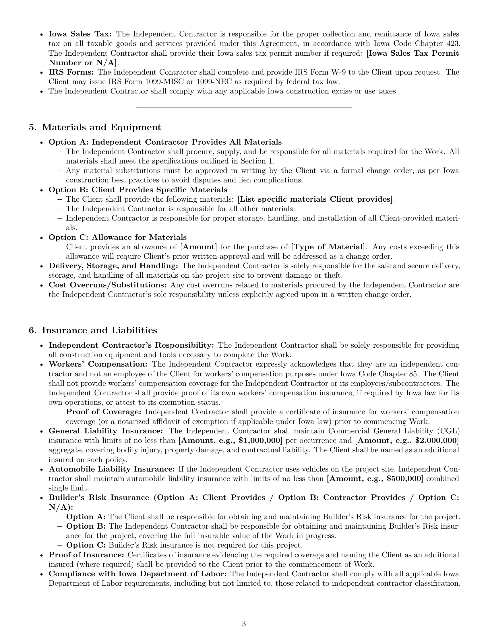 Preview page 3 of Pro Iowa construction independent contractor agreement template