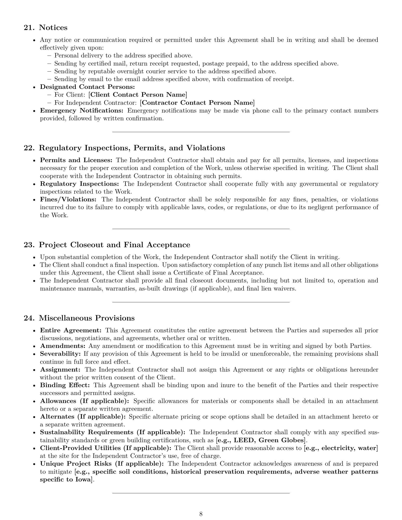 Preview page 8 of Pro Iowa construction independent contractor agreement template