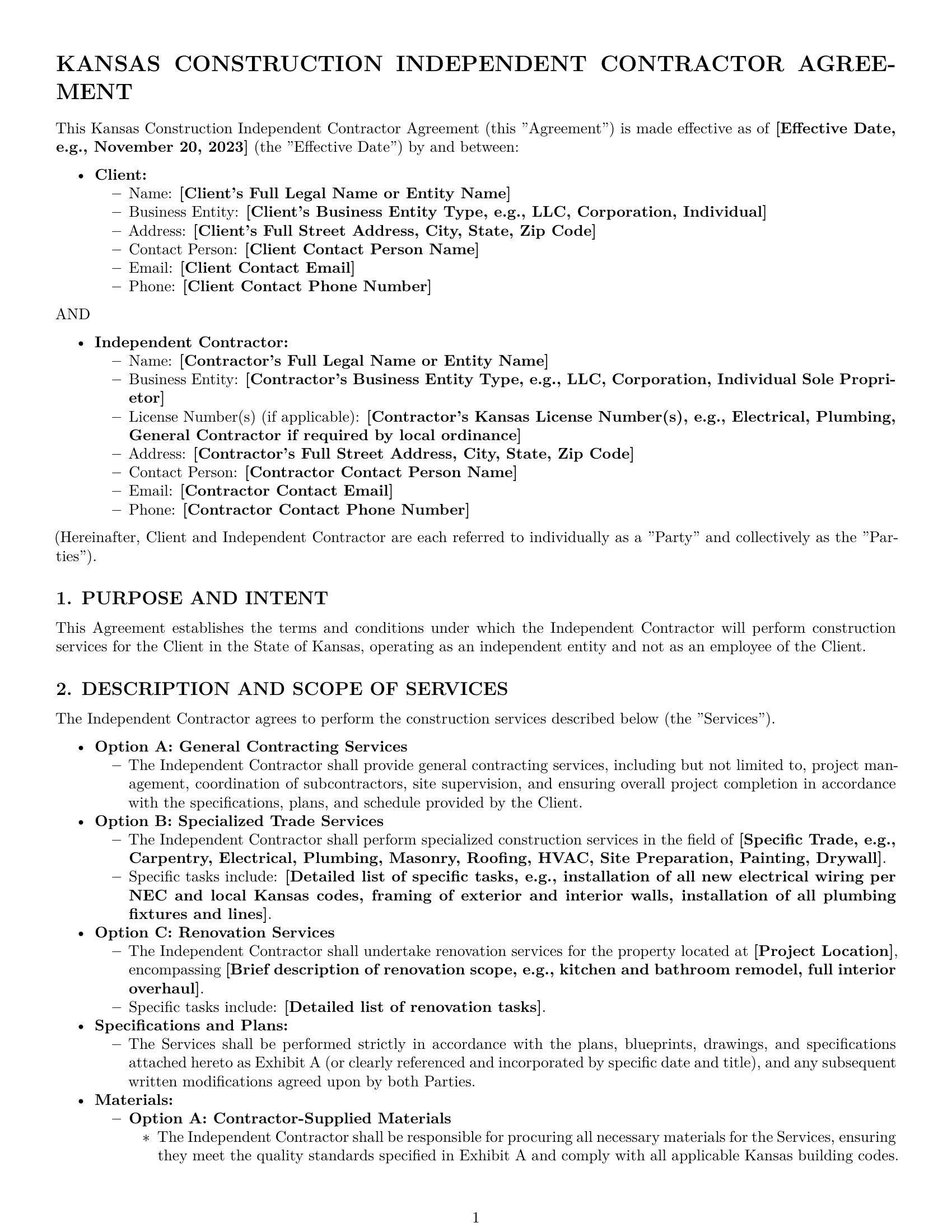 Preview page 1 of Pro Kansas construction independent contractor agreement template