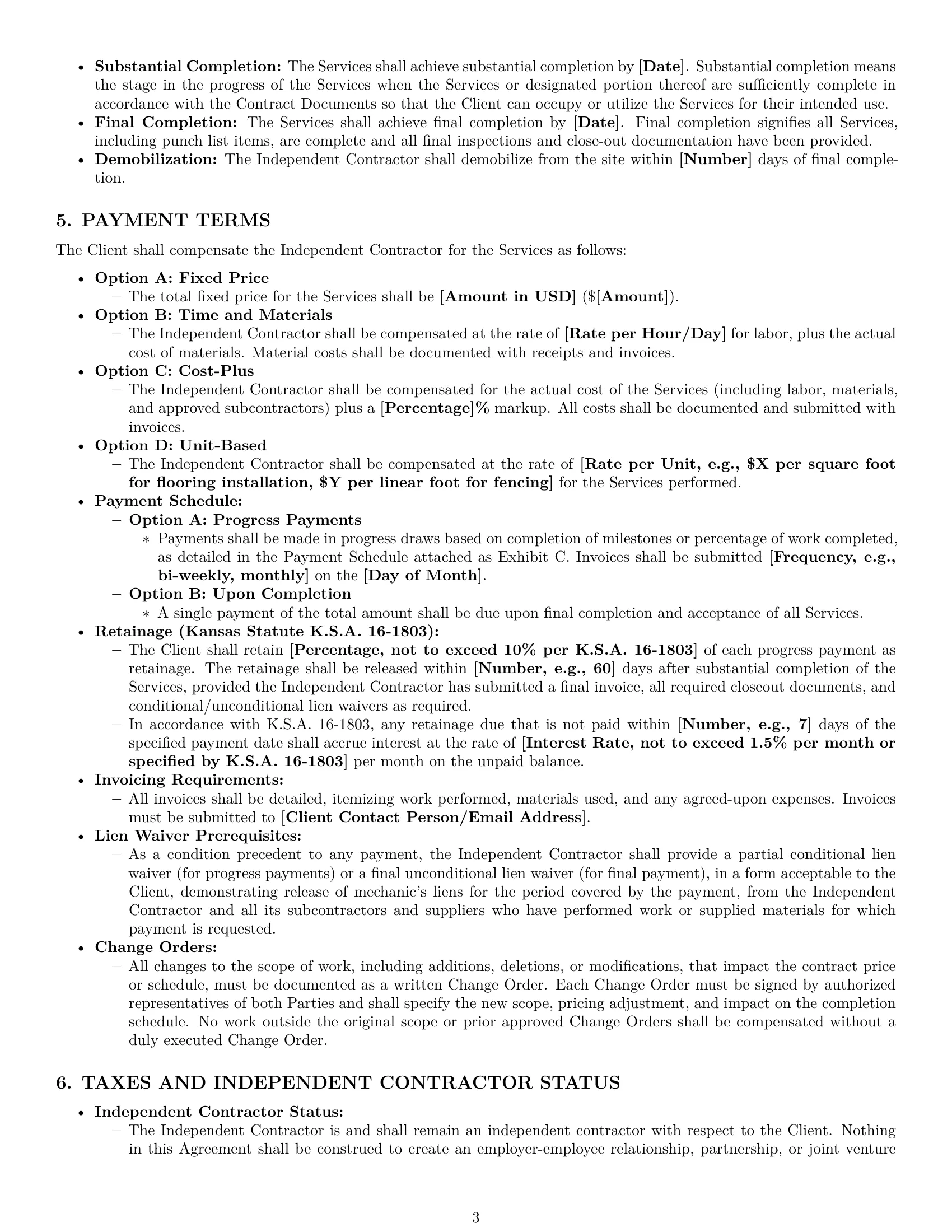 Preview page 3 of Pro Kansas construction independent contractor agreement template