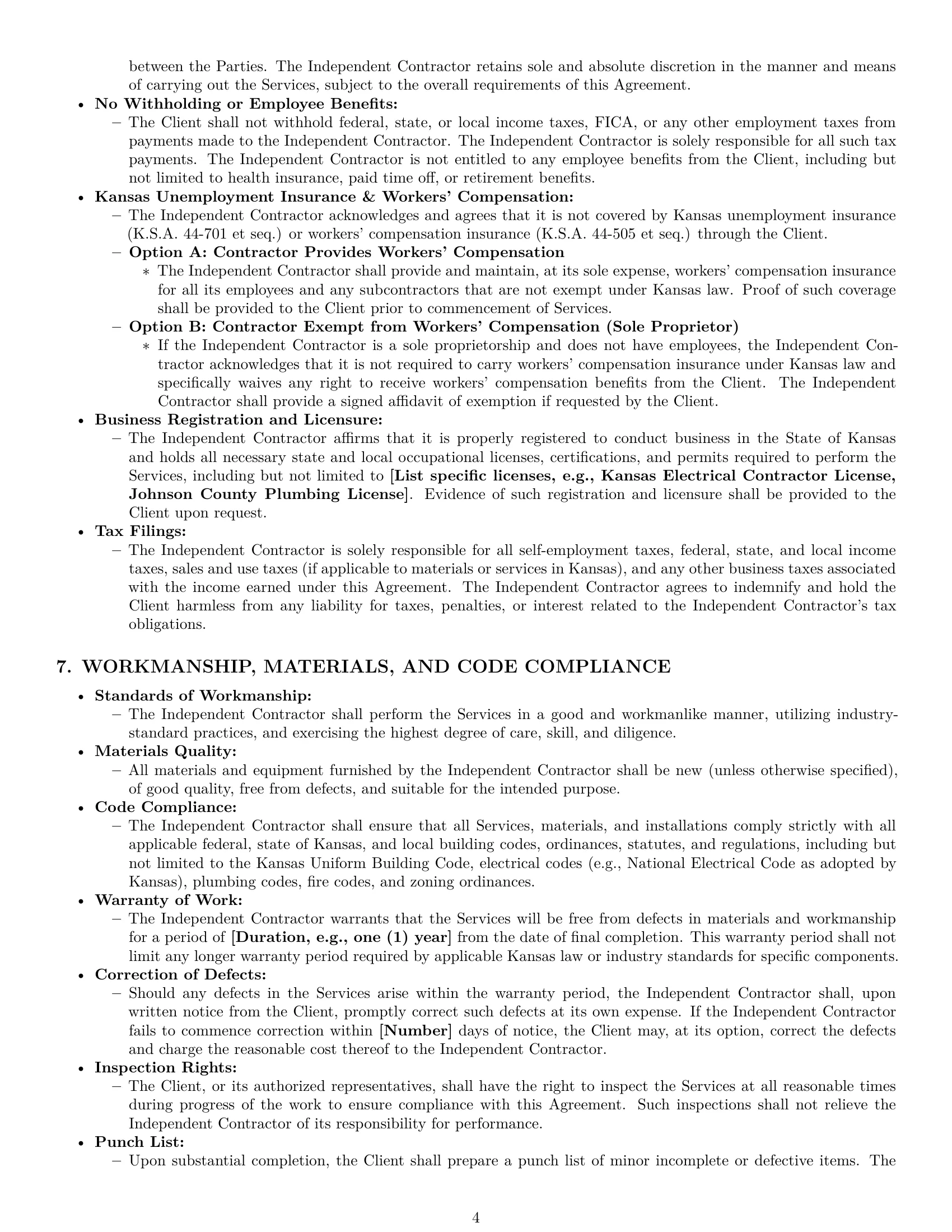 Preview page 4 of Pro Kansas construction independent contractor agreement template