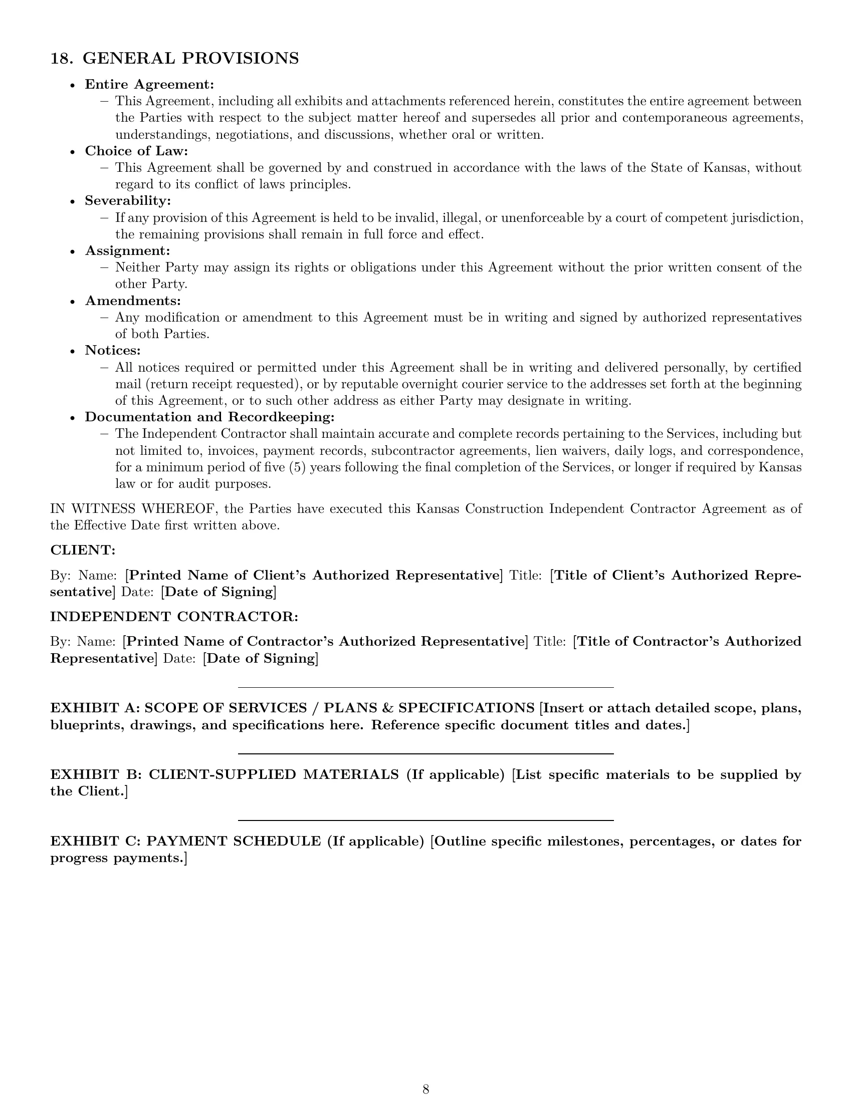 Preview page 8 of Pro Kansas construction independent contractor agreement template