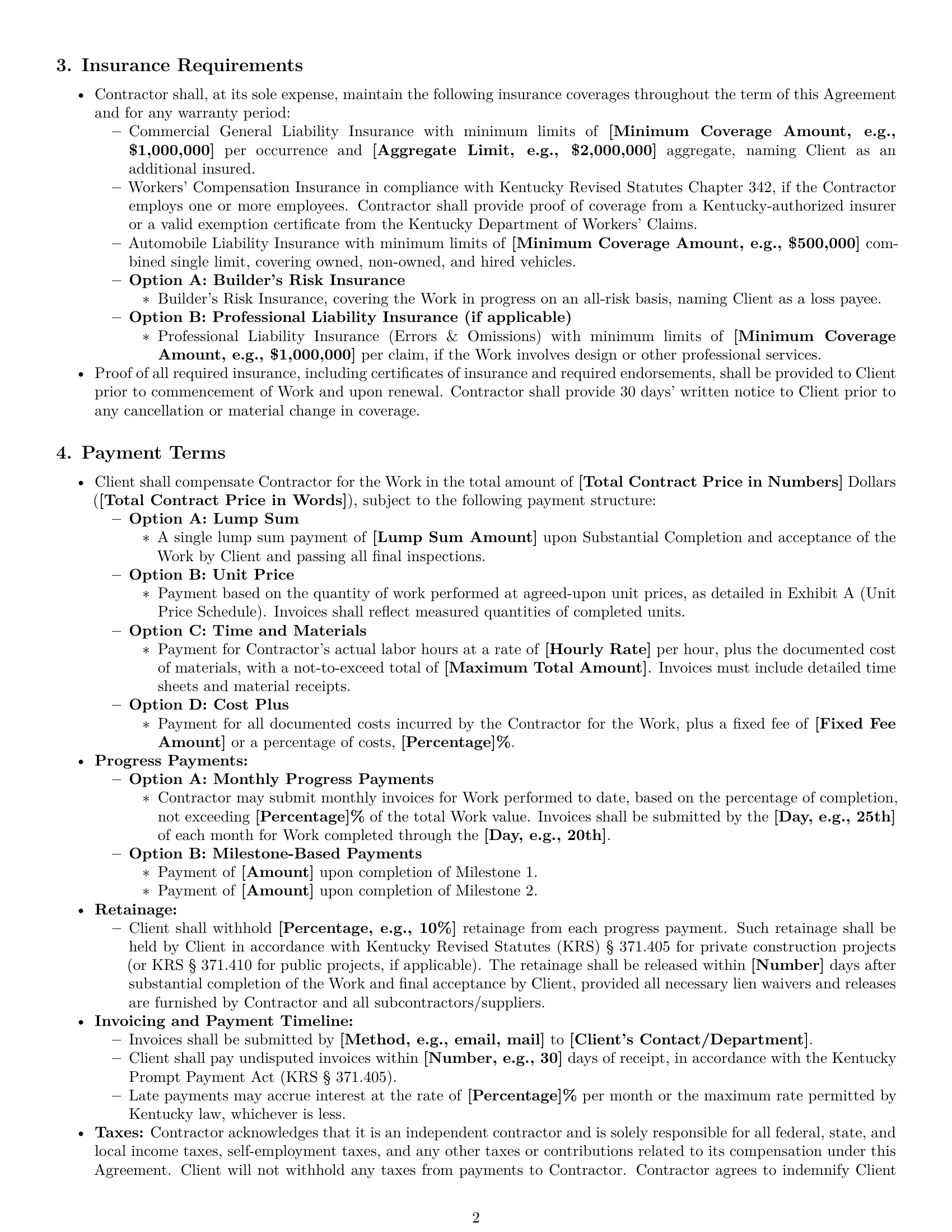 Preview page 2 of Pro Kentucky construction independent contractor agreement template