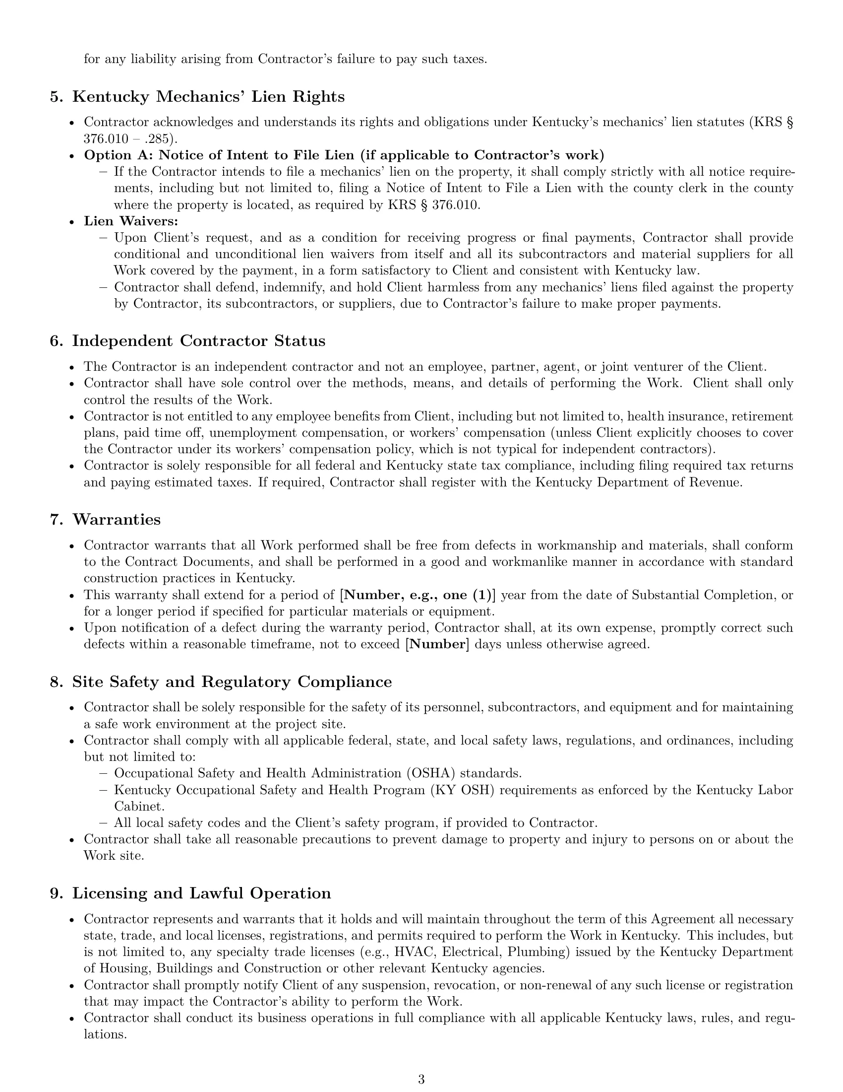 Preview page 3 of Pro Kentucky construction independent contractor agreement template