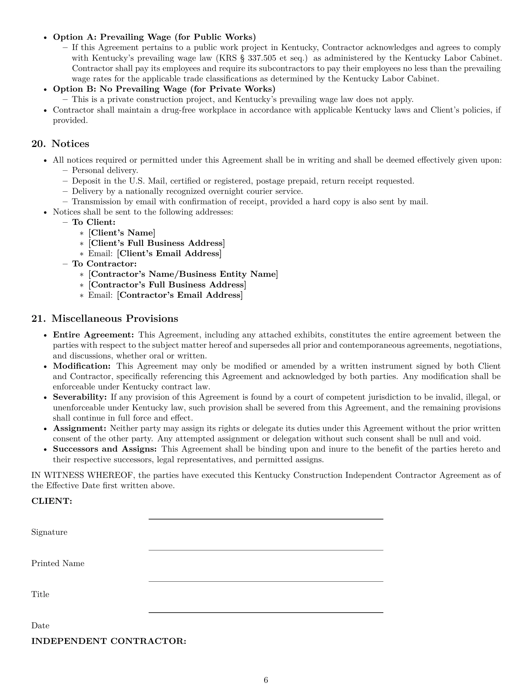 Preview page 6 of Pro Kentucky construction independent contractor agreement template