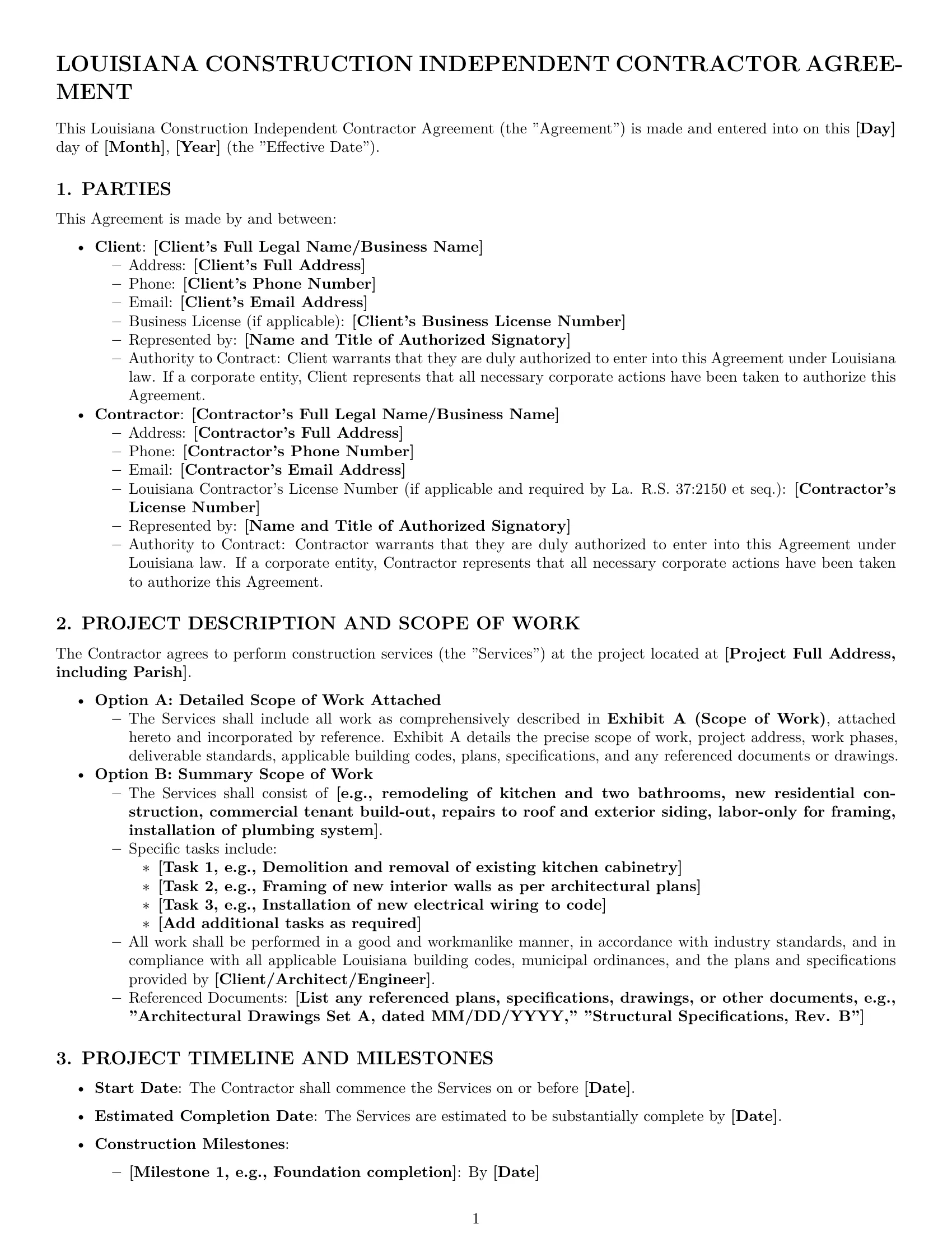 Preview page 1 of Pro Louisiana construction independent contractor agreement template