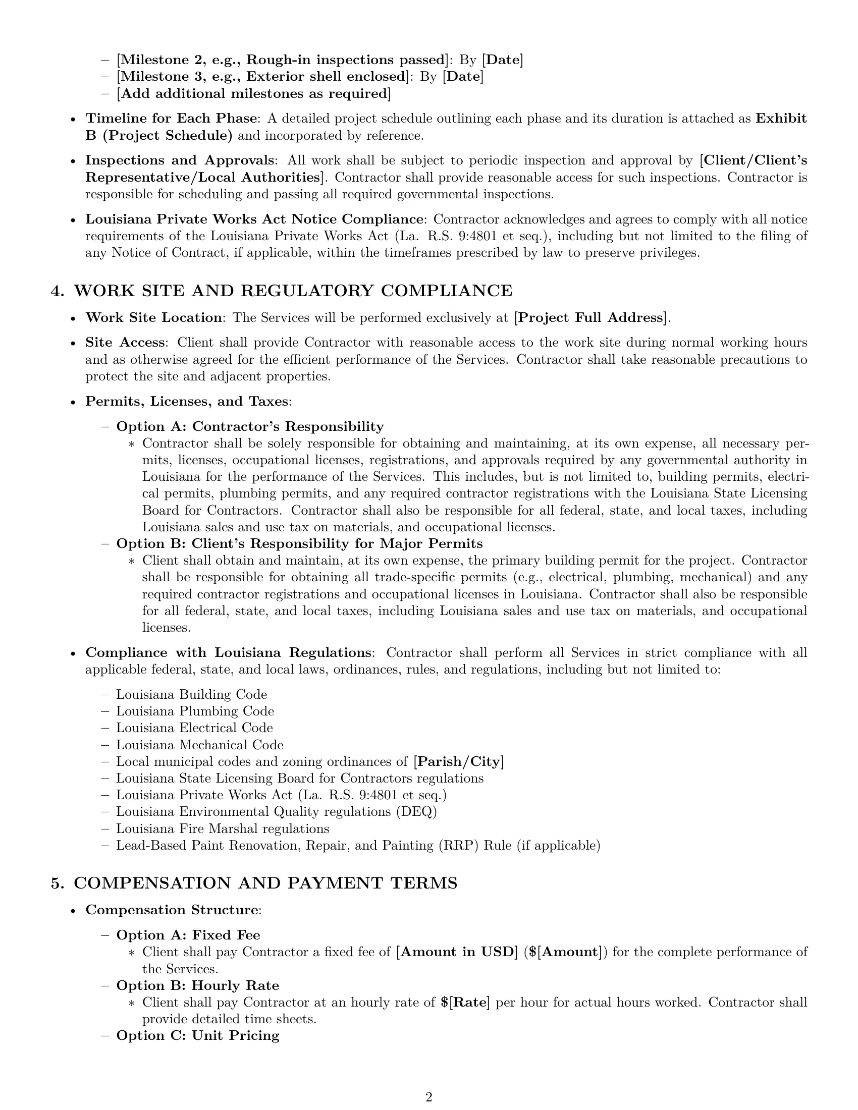 Preview page 2 of Pro Louisiana construction independent contractor agreement template