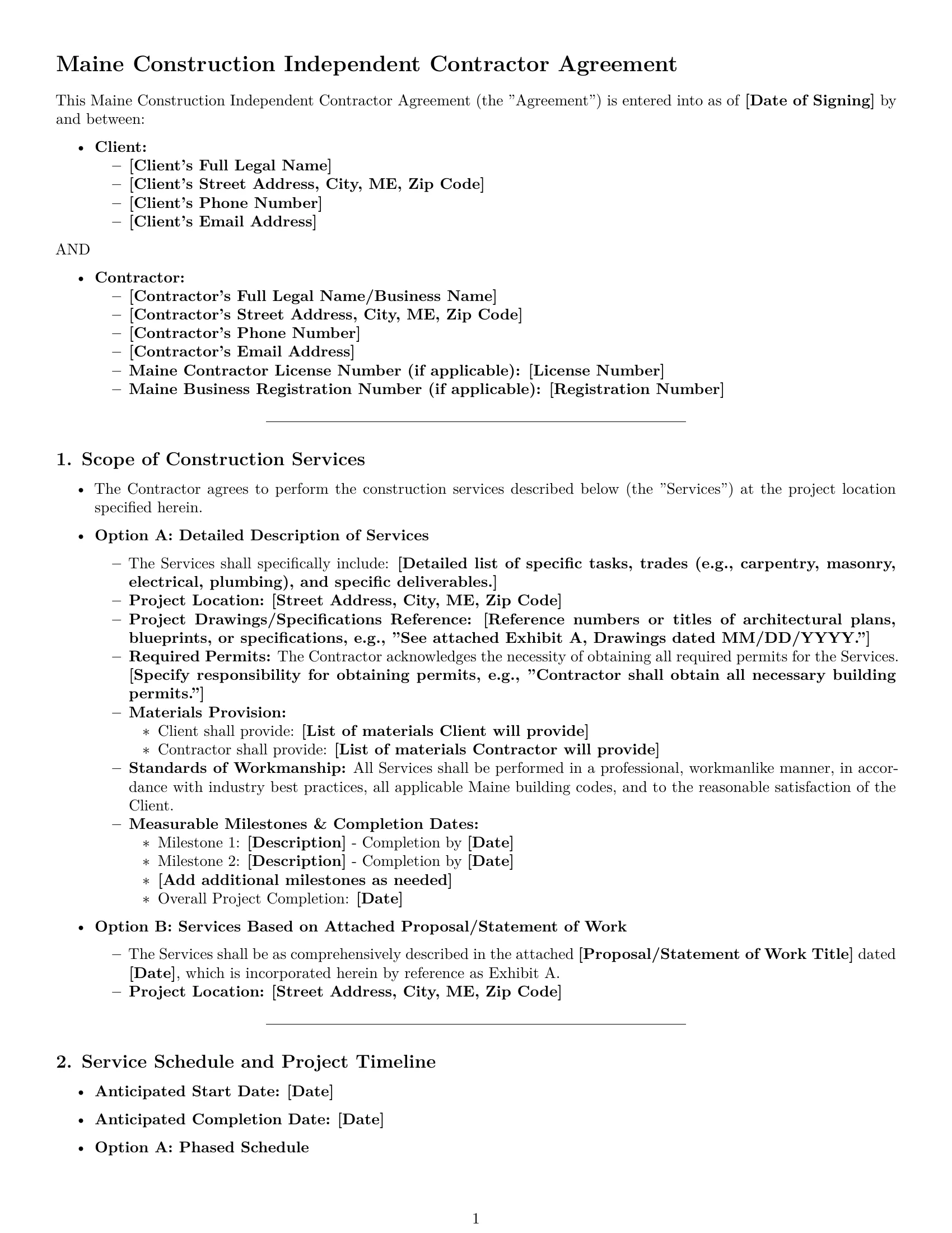 Preview page 1 of Pro Maine construction independent contractor agreement template