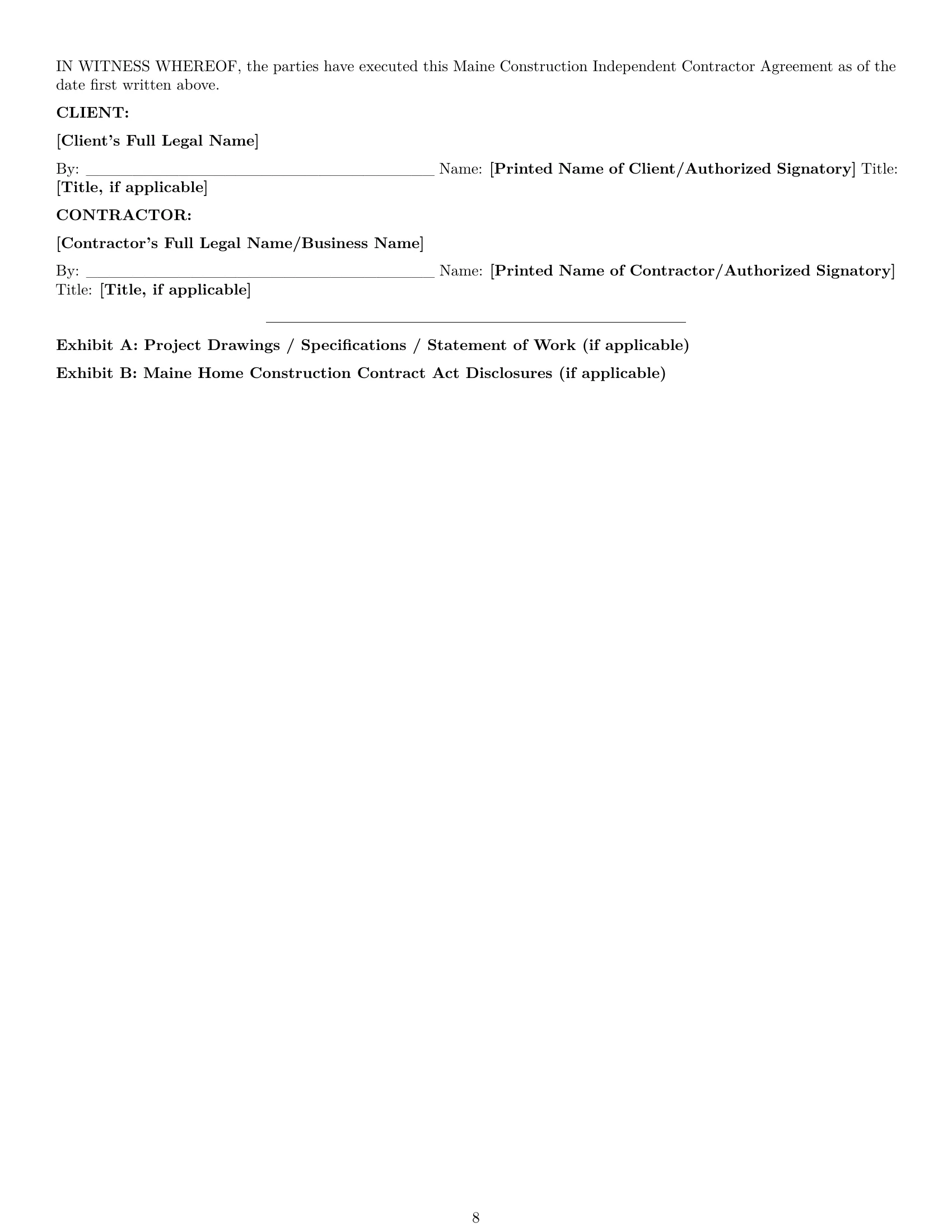 Preview page 8 of Pro Maine construction independent contractor agreement template