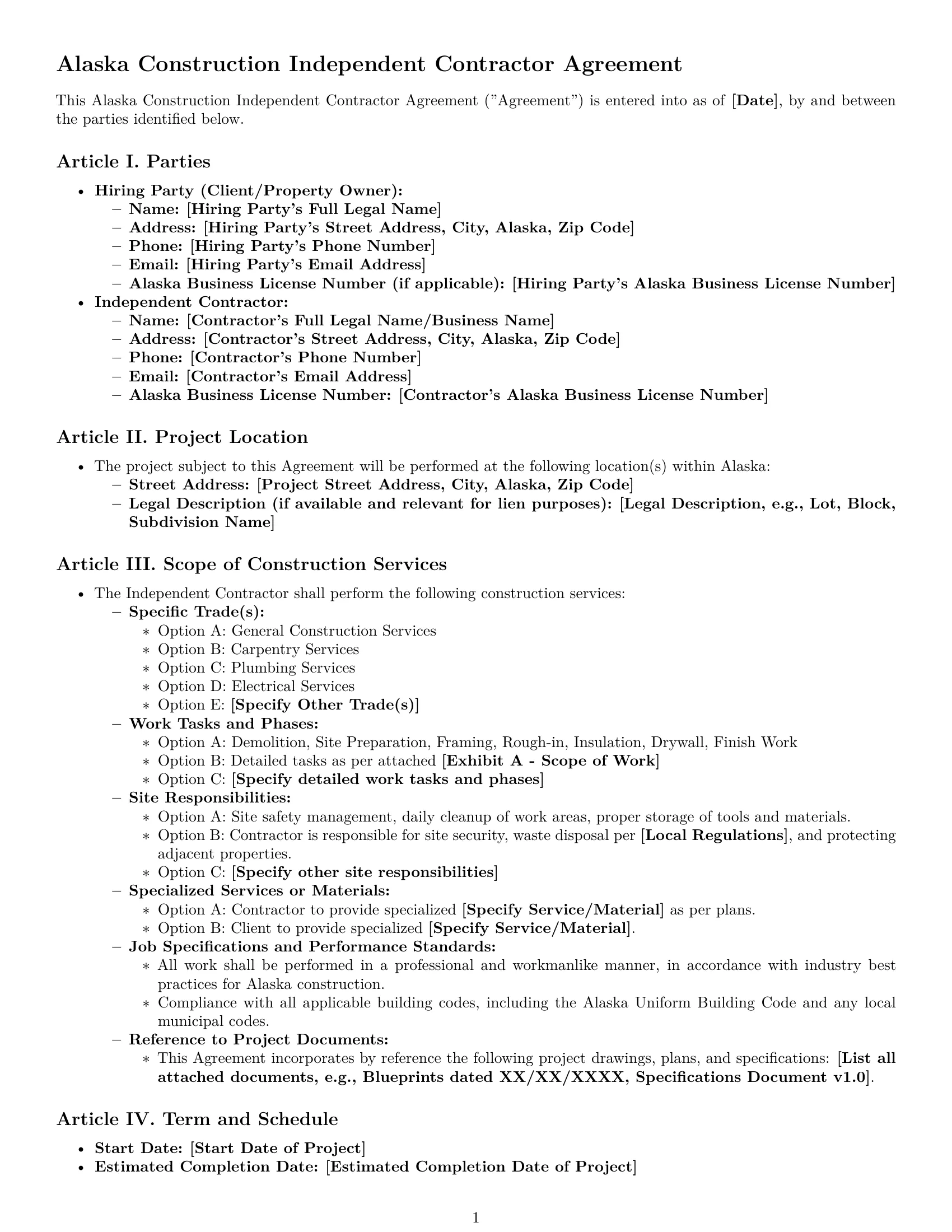 Preview page 1 of Pro Alaska construction independent contractor agreement template