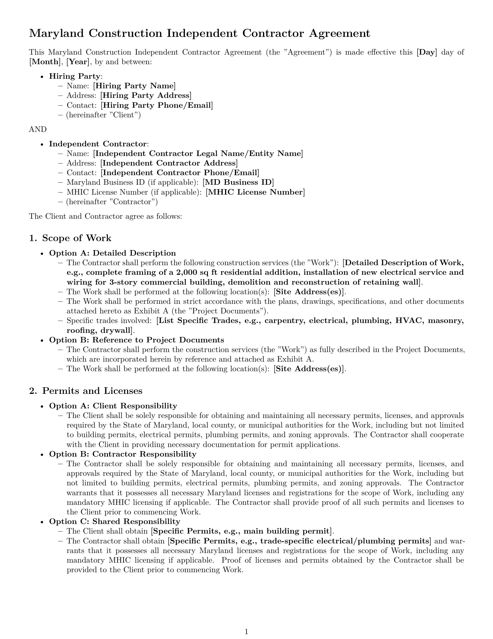 Preview page 1 of Pro Maryland construction independent contractor agreement template