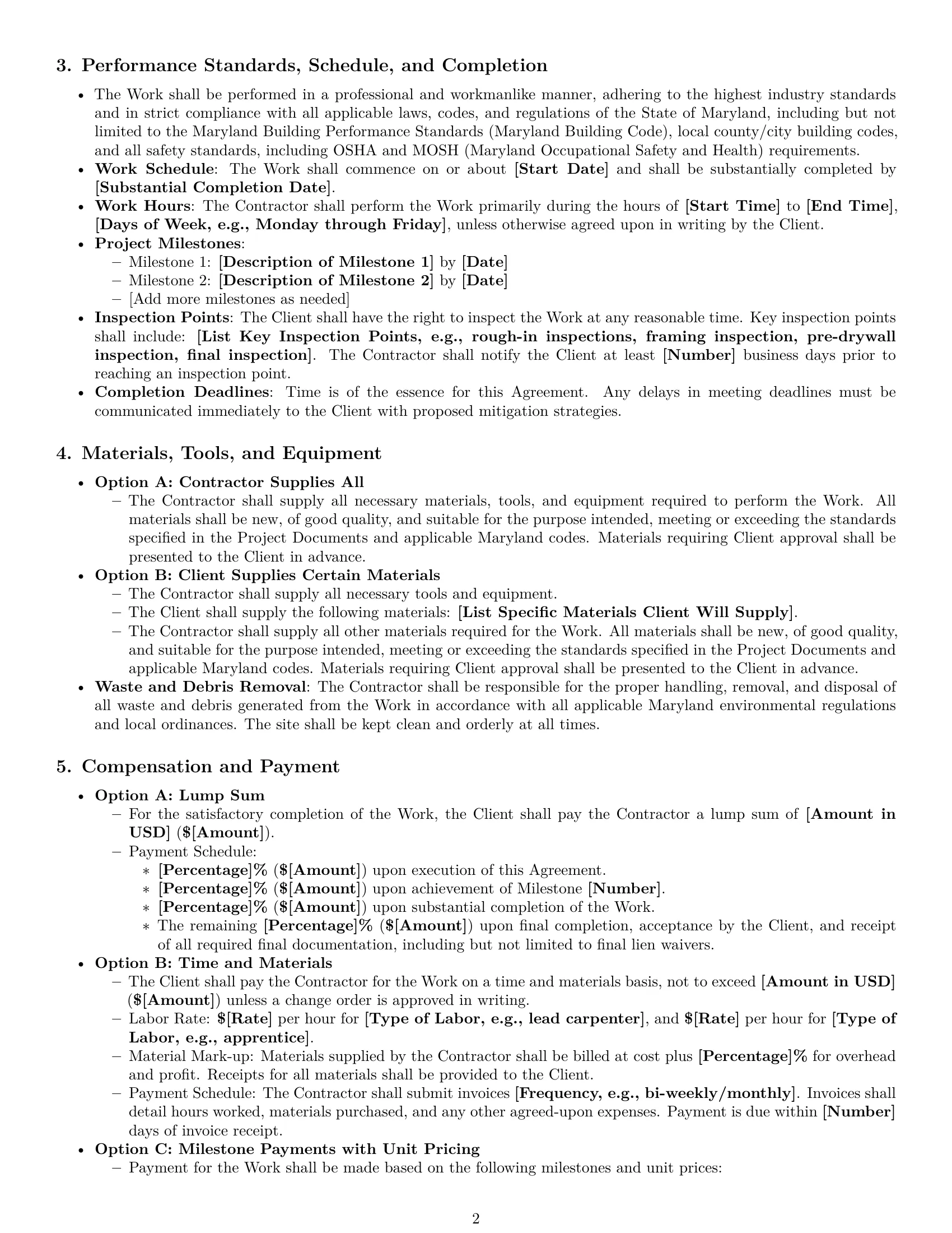 Preview page 2 of Pro Maryland construction independent contractor agreement template