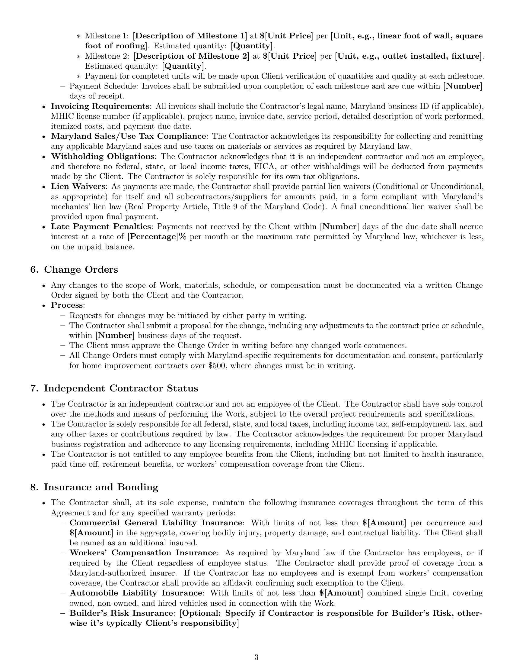 Preview page 3 of Pro Maryland construction independent contractor agreement template