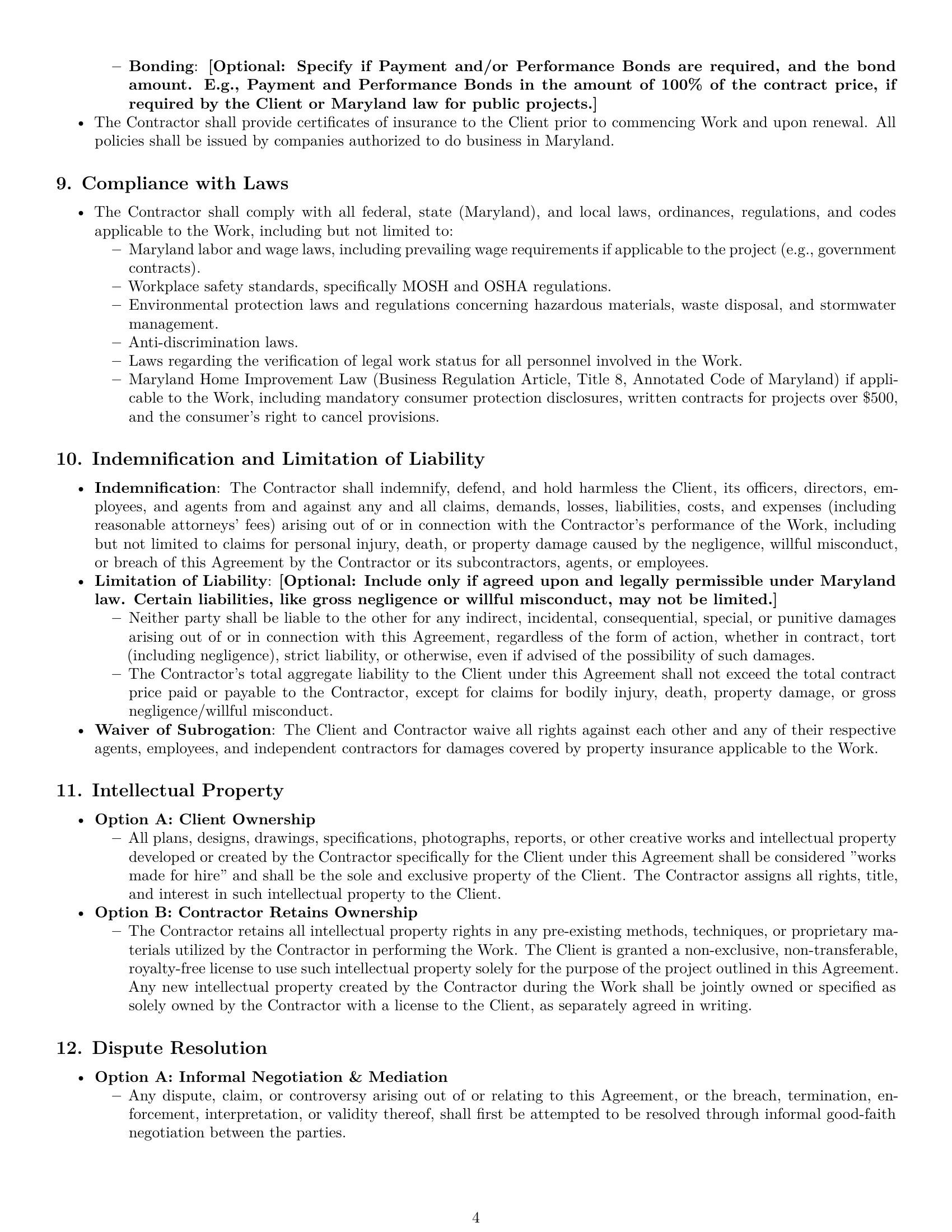Preview page 4 of Pro Maryland construction independent contractor agreement template