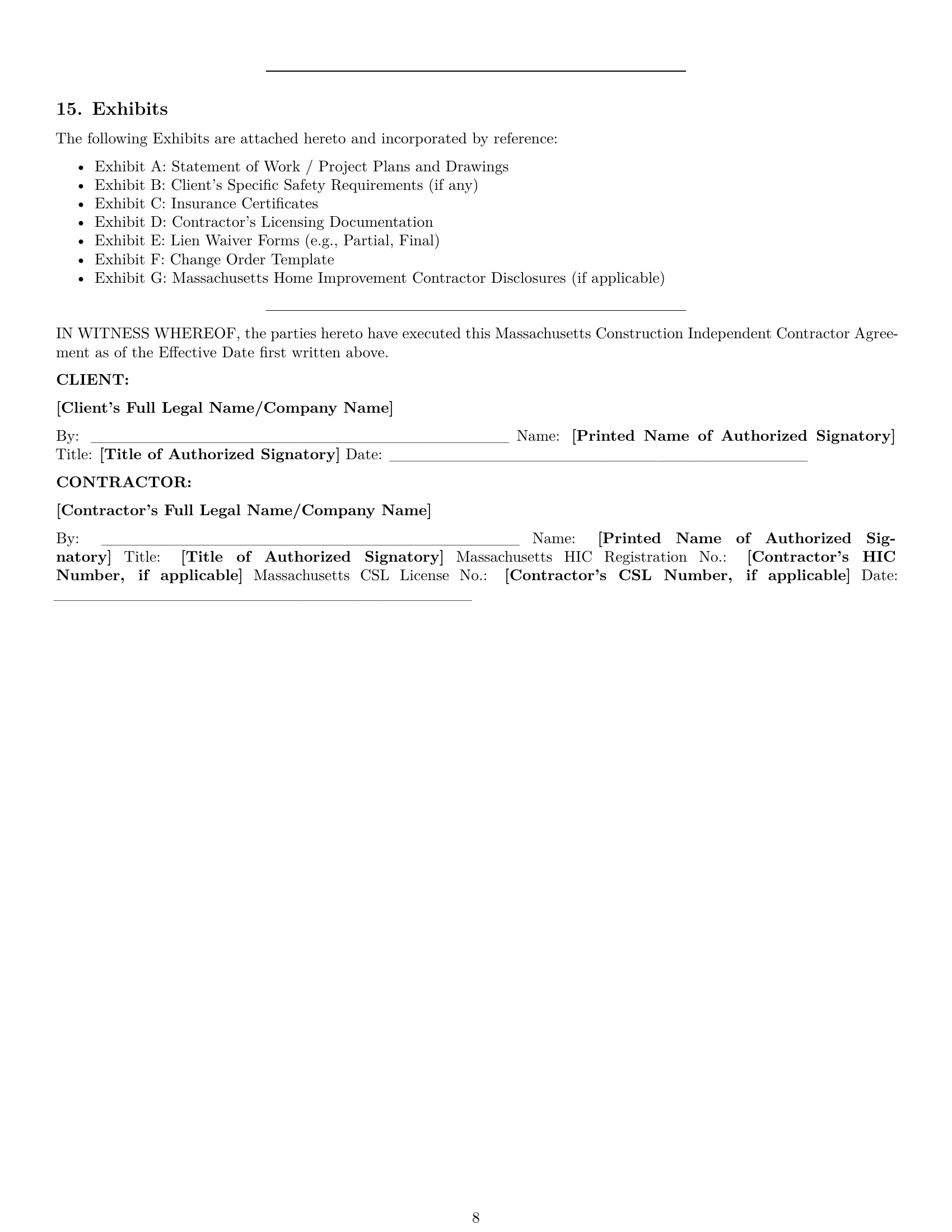Preview page 8 of Pro Massachusetts construction independent contractor agreement template