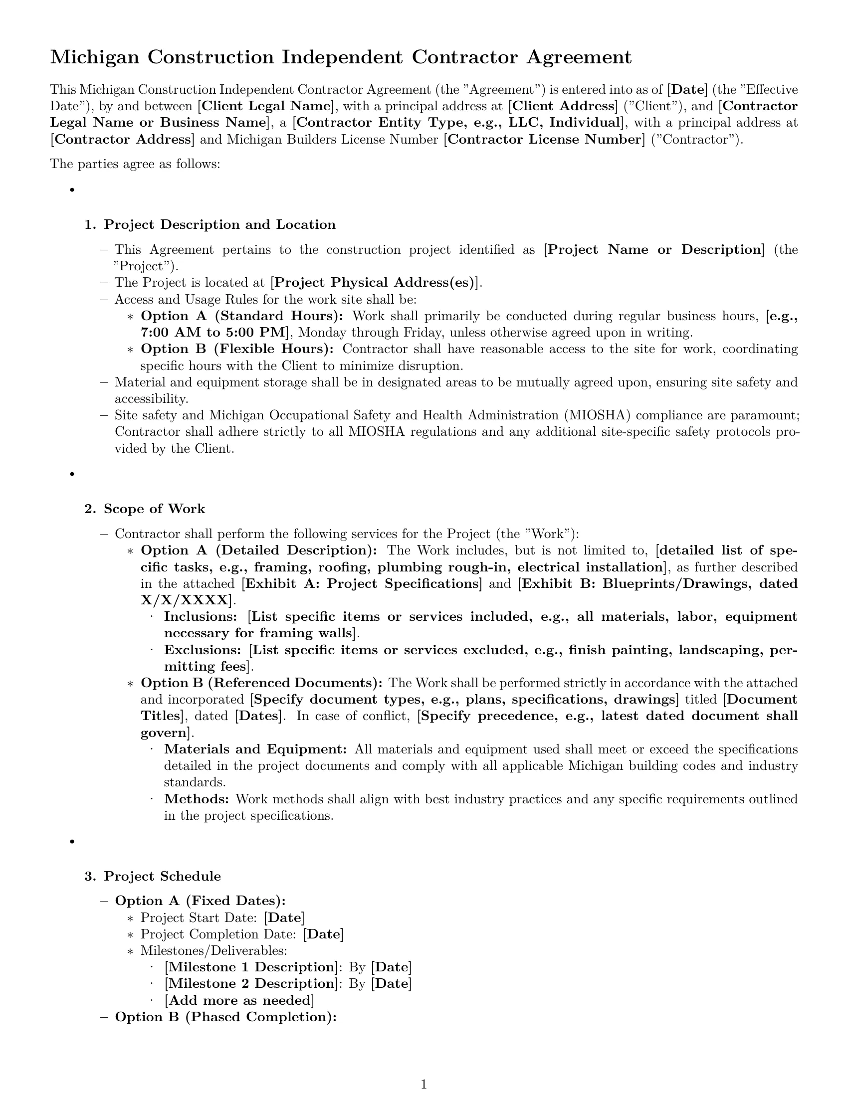 Preview page 1 of Pro Michigan construction independent contractor agreement template