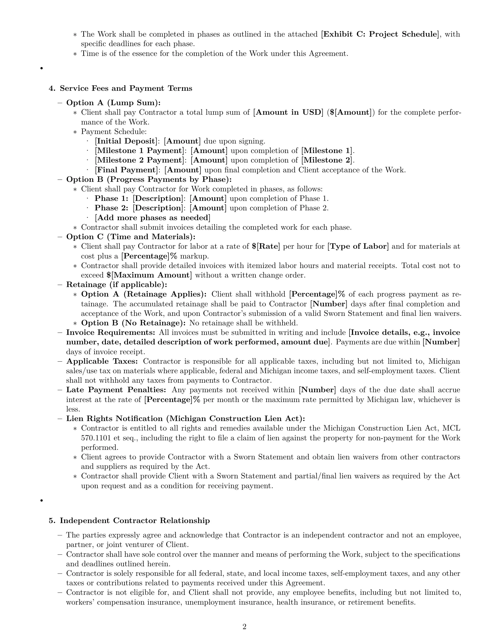 Preview page 2 of Pro Michigan construction independent contractor agreement template