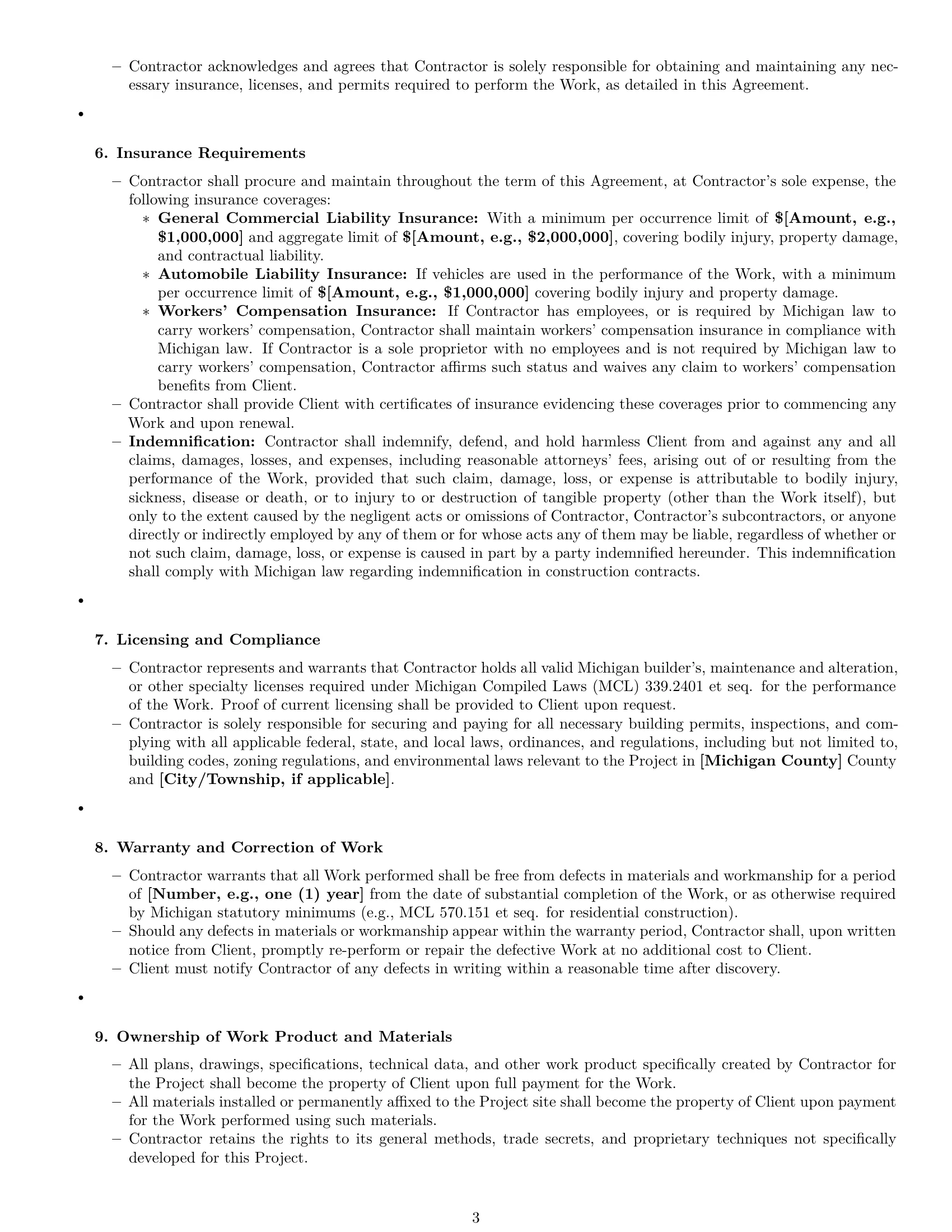 Preview page 3 of Pro Michigan construction independent contractor agreement template