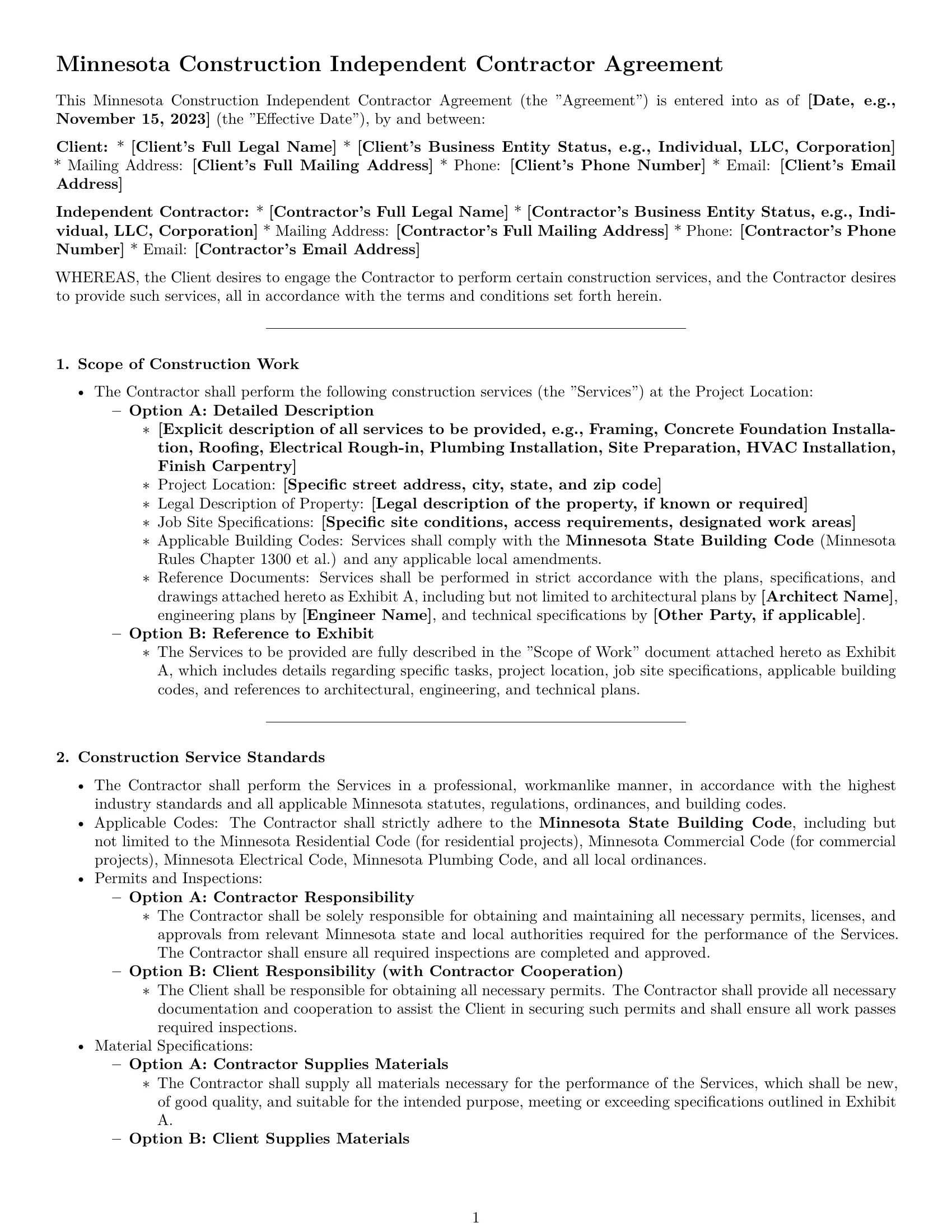Preview page 1 of Pro Minnesota construction independent contractor agreement template