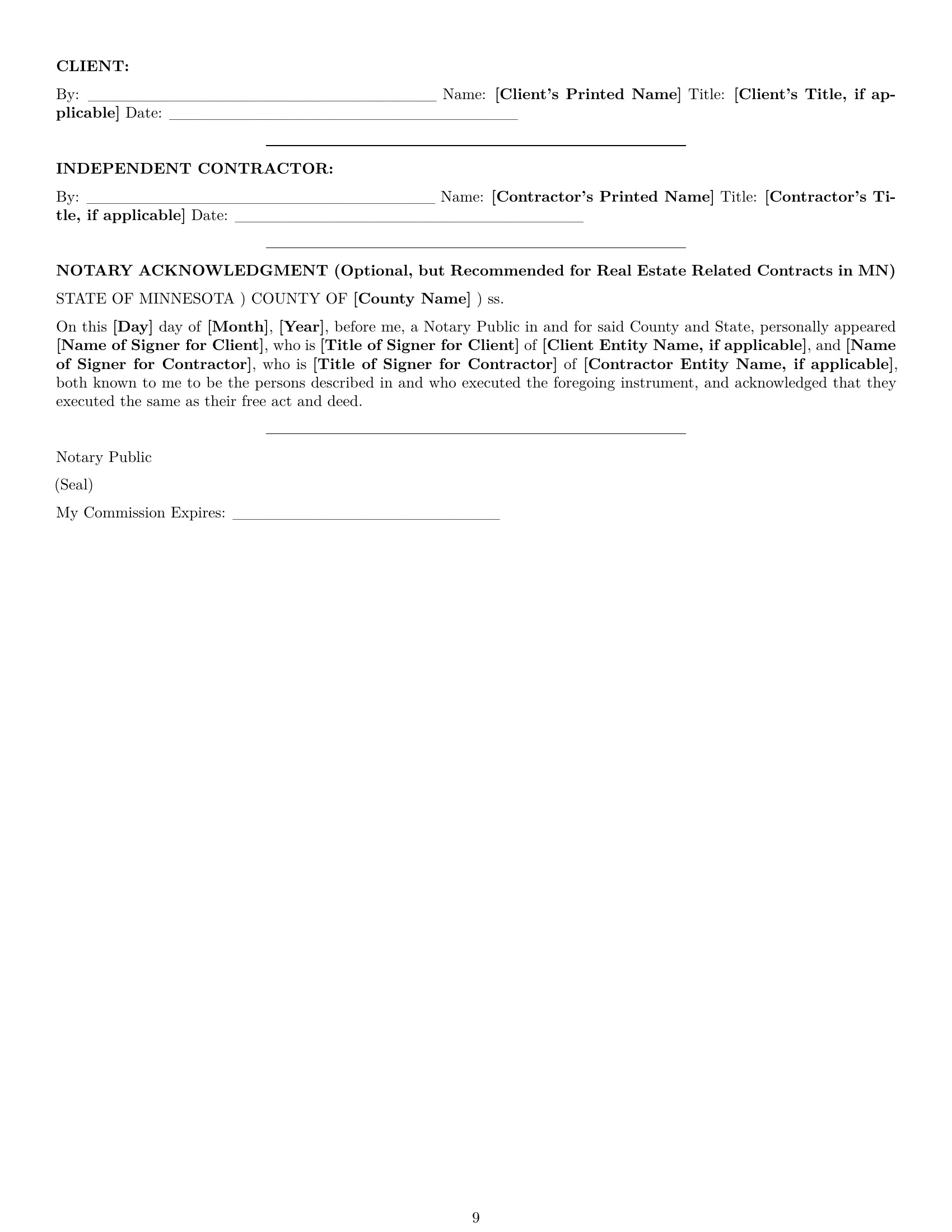Preview page 9 of Pro Minnesota construction independent contractor agreement template