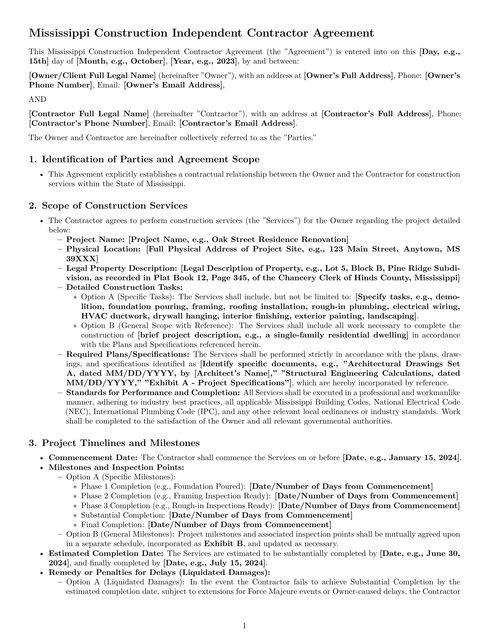 Preview page 1 of Pro Mississippi construction independent contractor agreement template