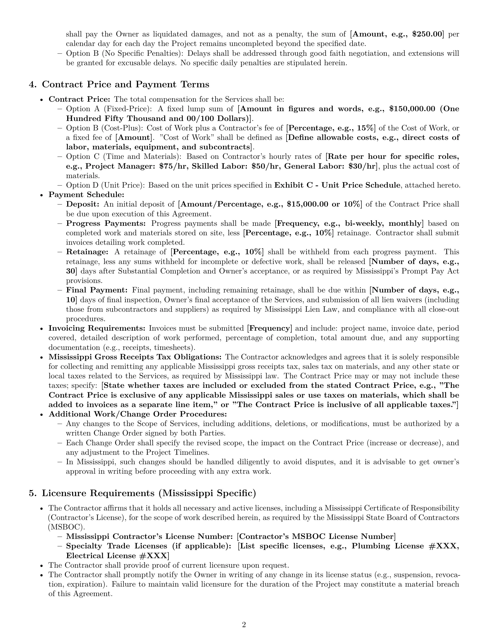 Preview page 2 of Pro Mississippi construction independent contractor agreement template