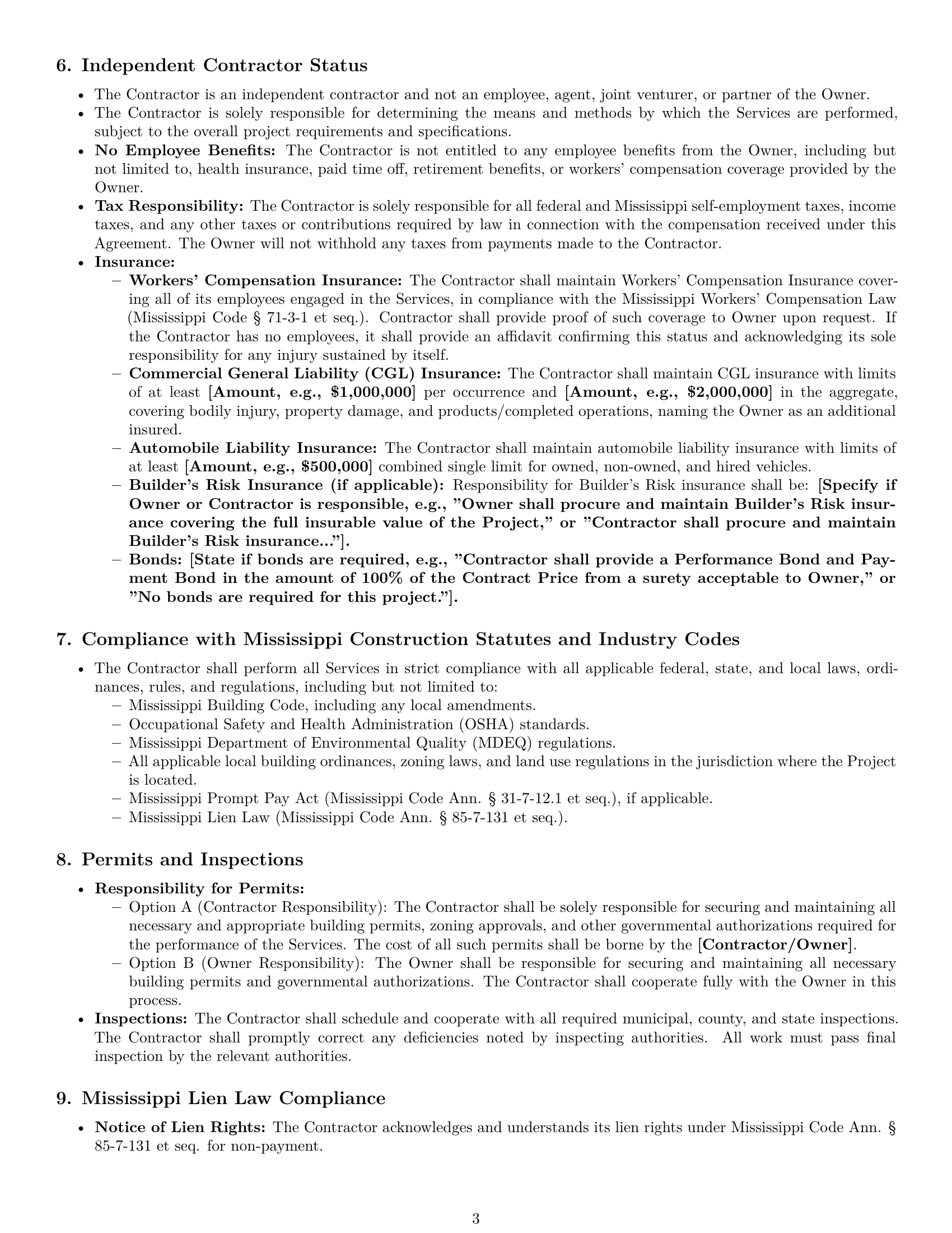 Preview page 3 of Pro Mississippi construction independent contractor agreement template