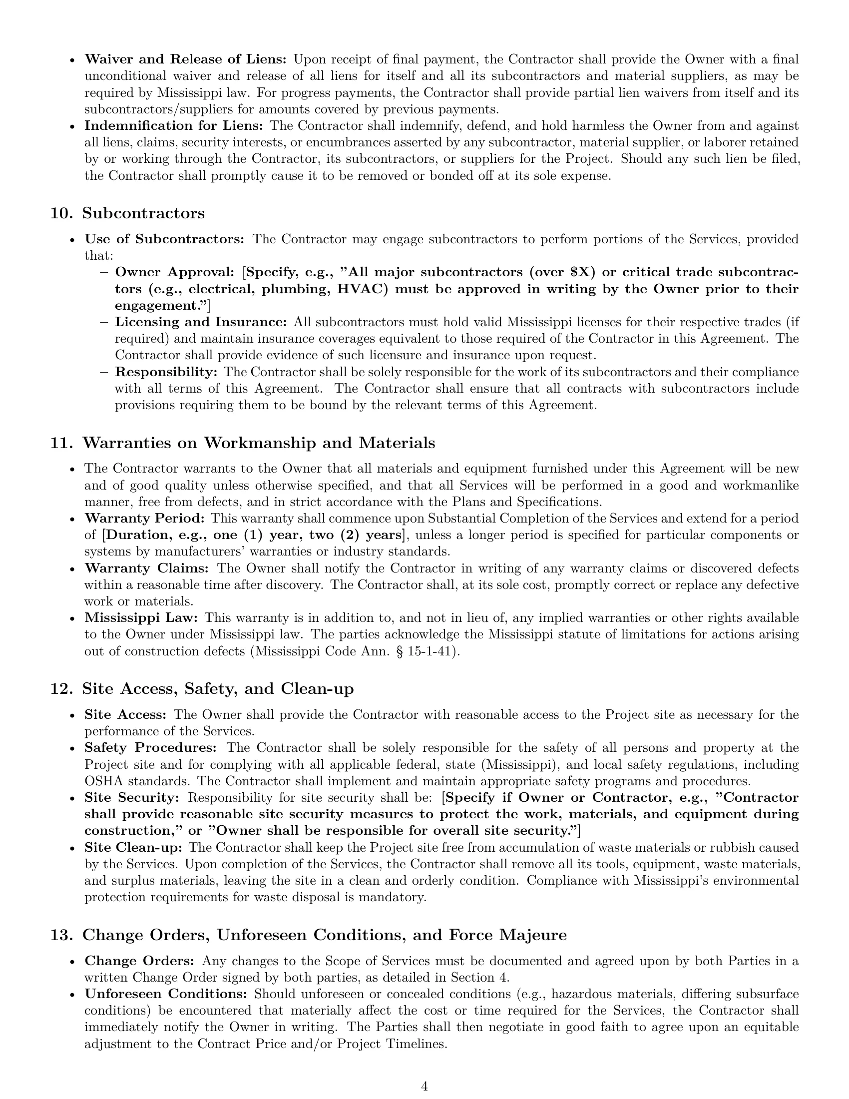 Preview page 4 of Pro Mississippi construction independent contractor agreement template