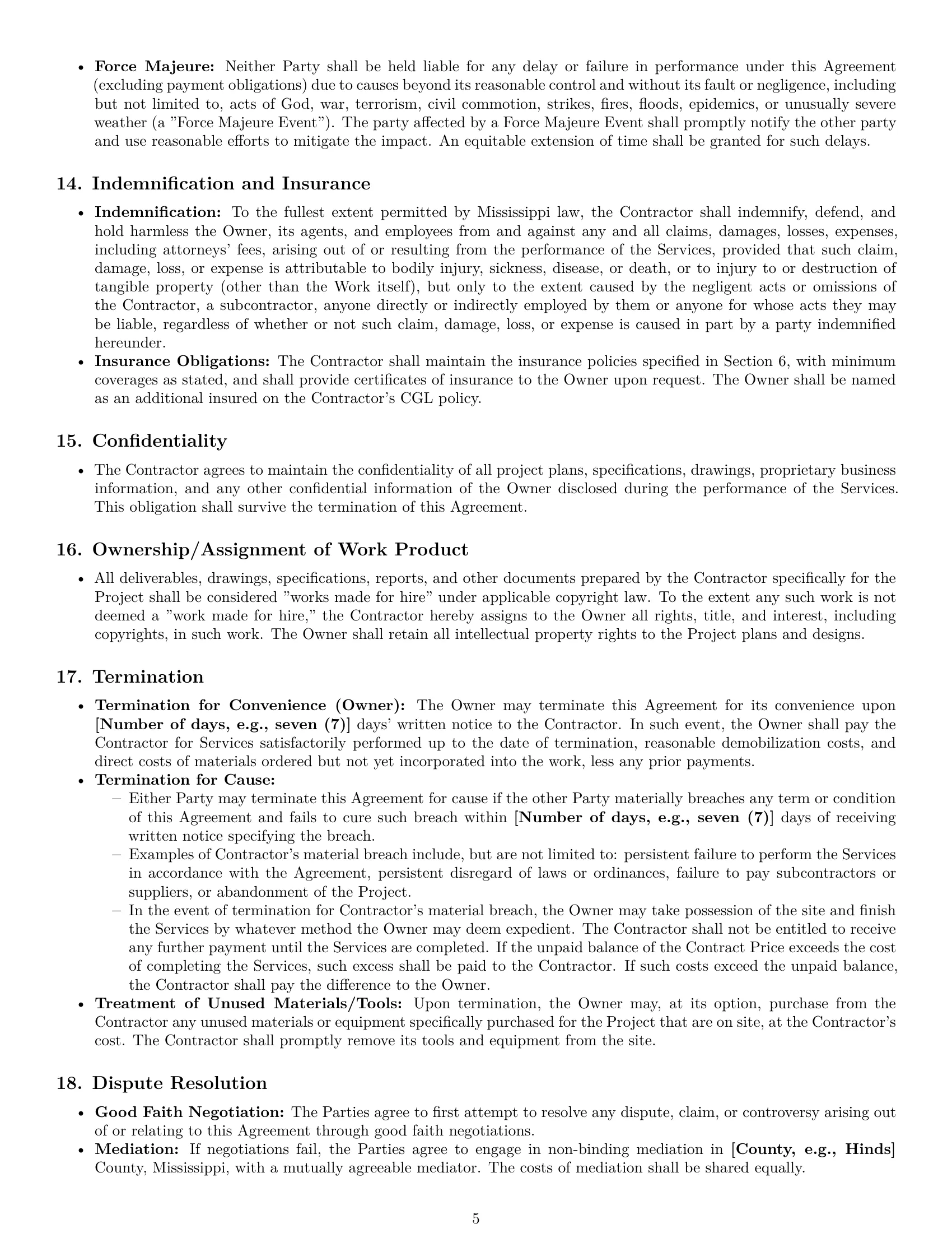 Preview page 5 of Pro Mississippi construction independent contractor agreement template