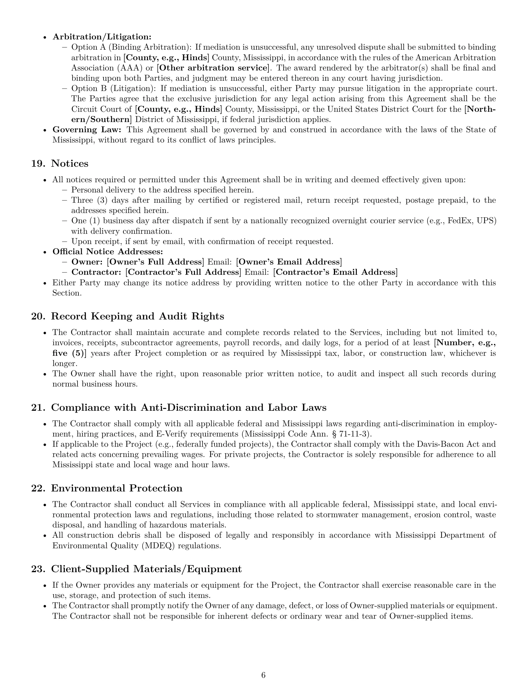 Preview page 6 of Pro Mississippi construction independent contractor agreement template