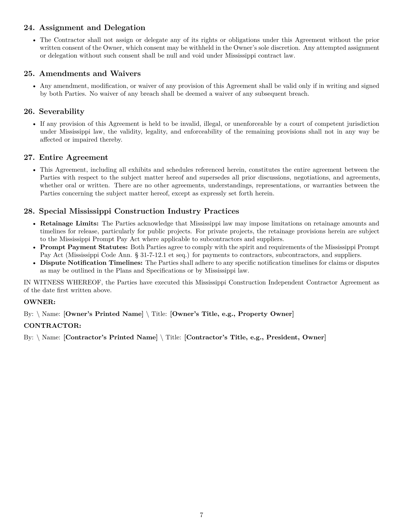 Preview page 7 of Pro Mississippi construction independent contractor agreement template