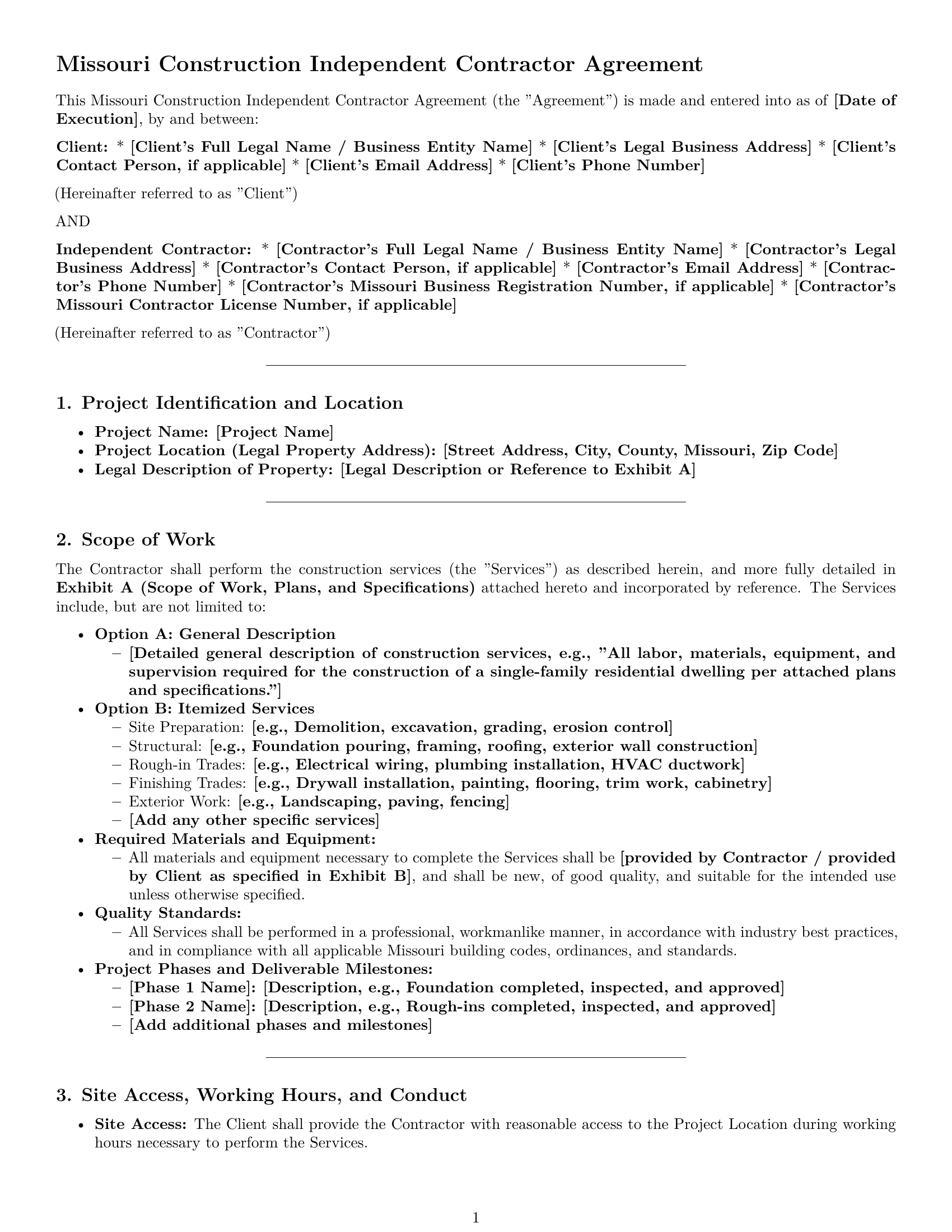 Preview page 1 of Pro Missouri construction independent contractor agreement template