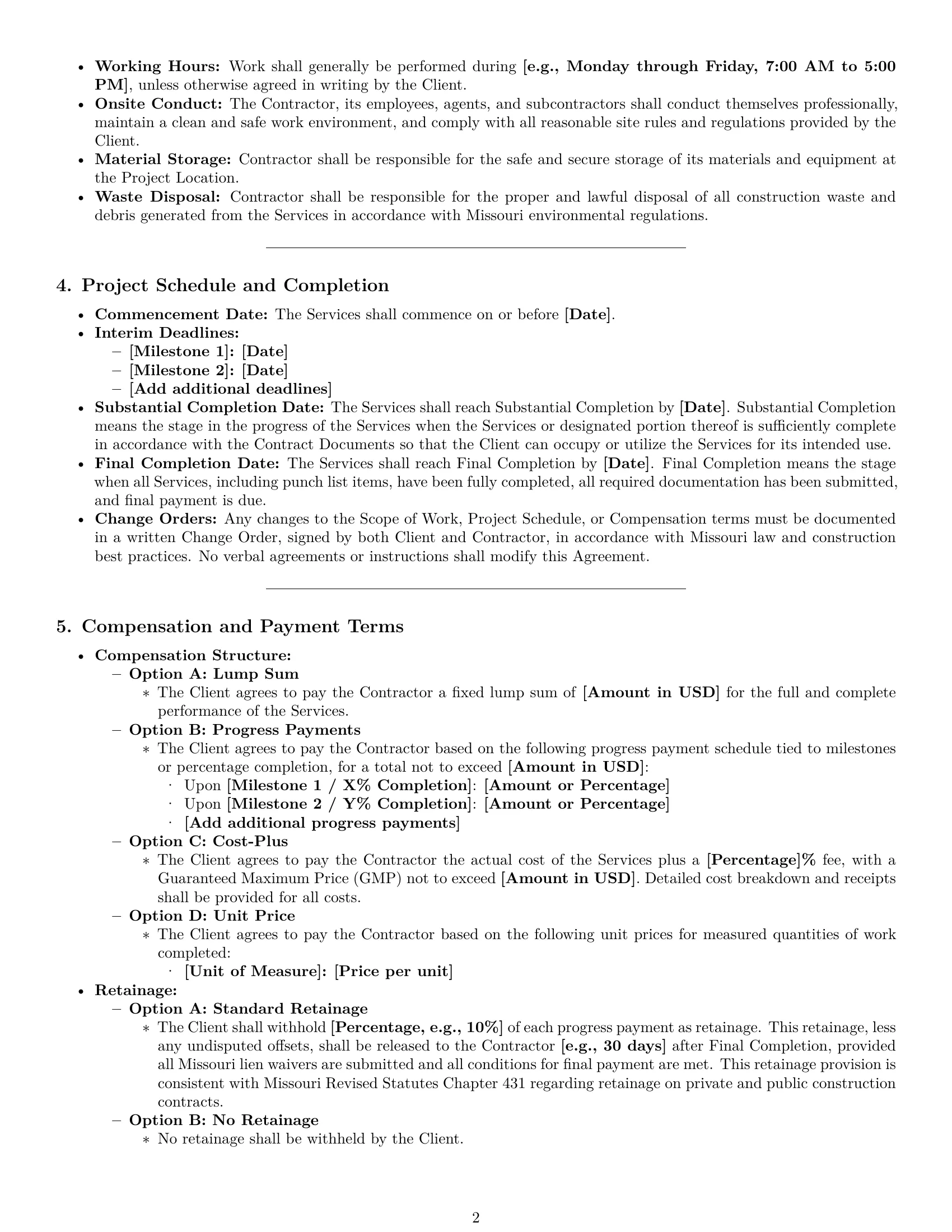 Preview page 2 of Pro Missouri construction independent contractor agreement template