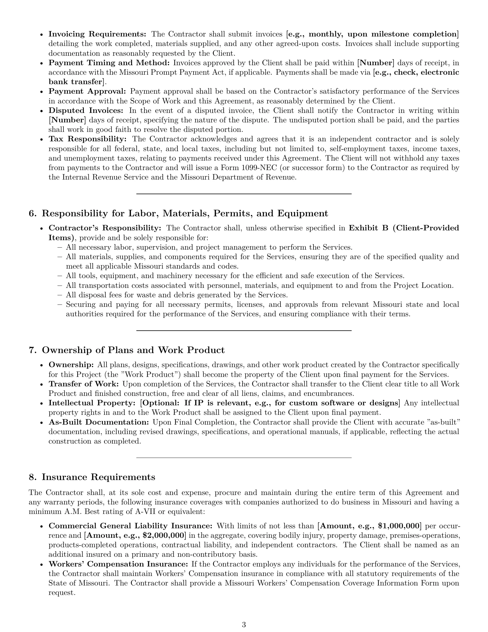 Preview page 3 of Pro Missouri construction independent contractor agreement template
