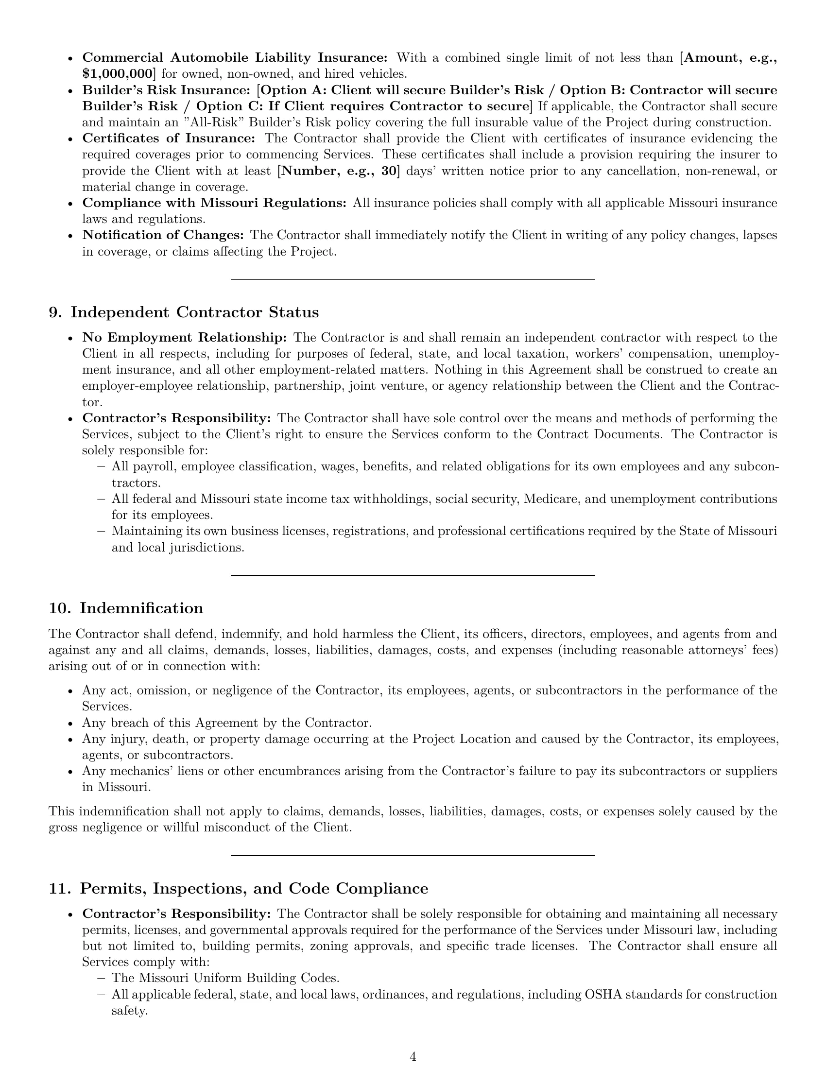 Preview page 4 of Pro Missouri construction independent contractor agreement template