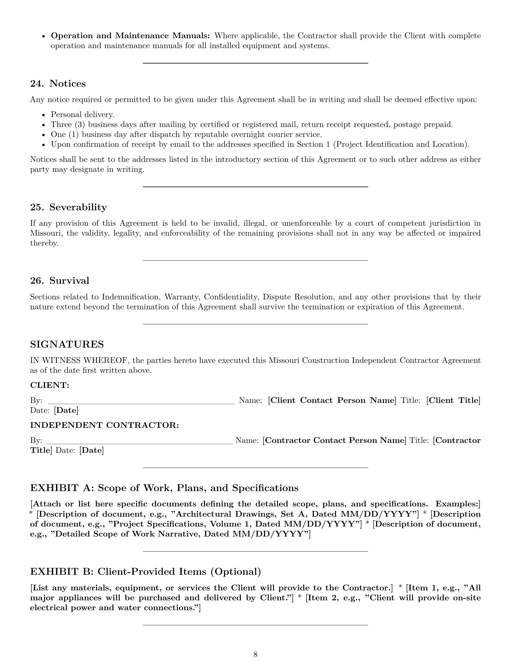 Preview page 8 of Pro Missouri construction independent contractor agreement template