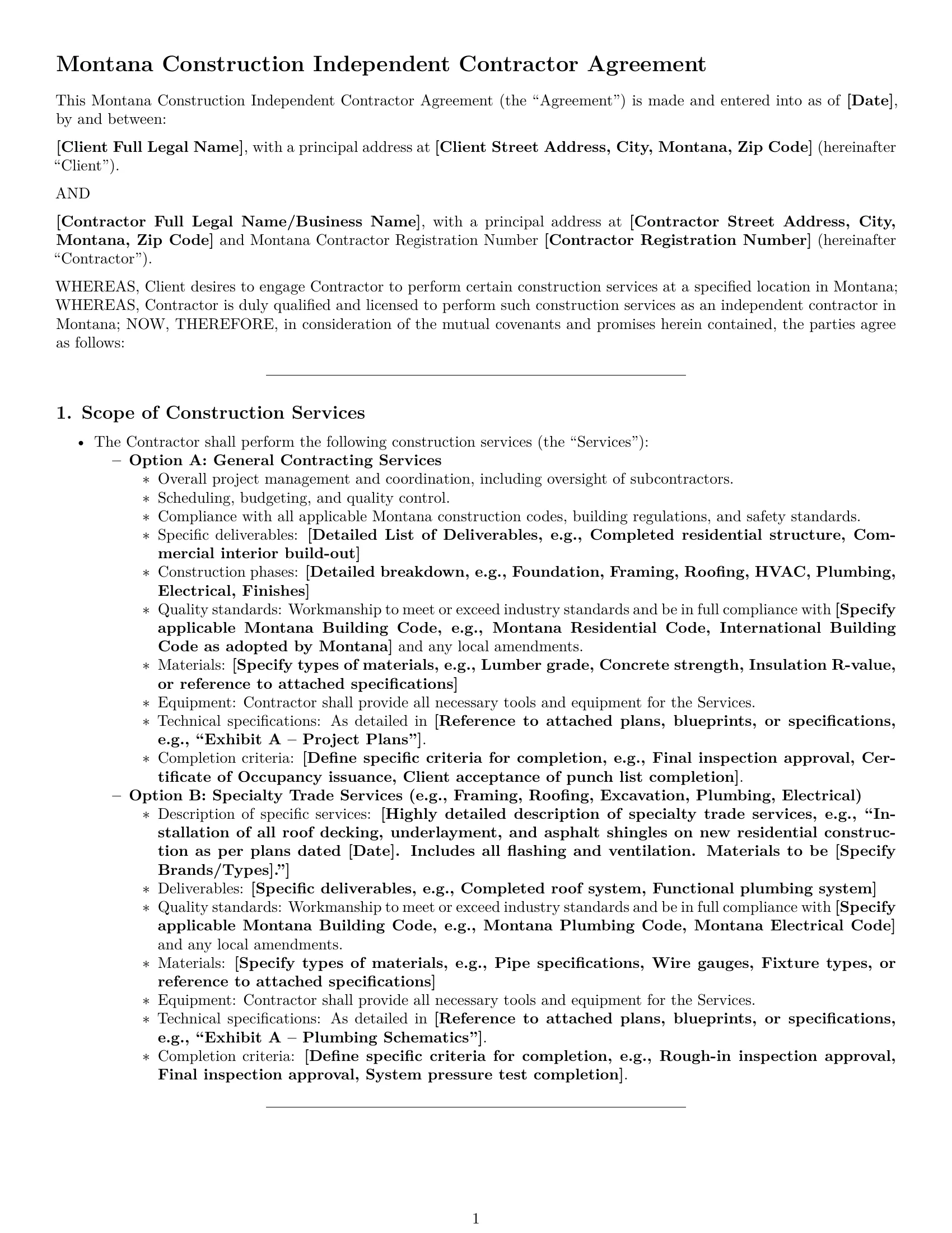 Preview page 1 of Pro Montana construction independent contractor agreement template