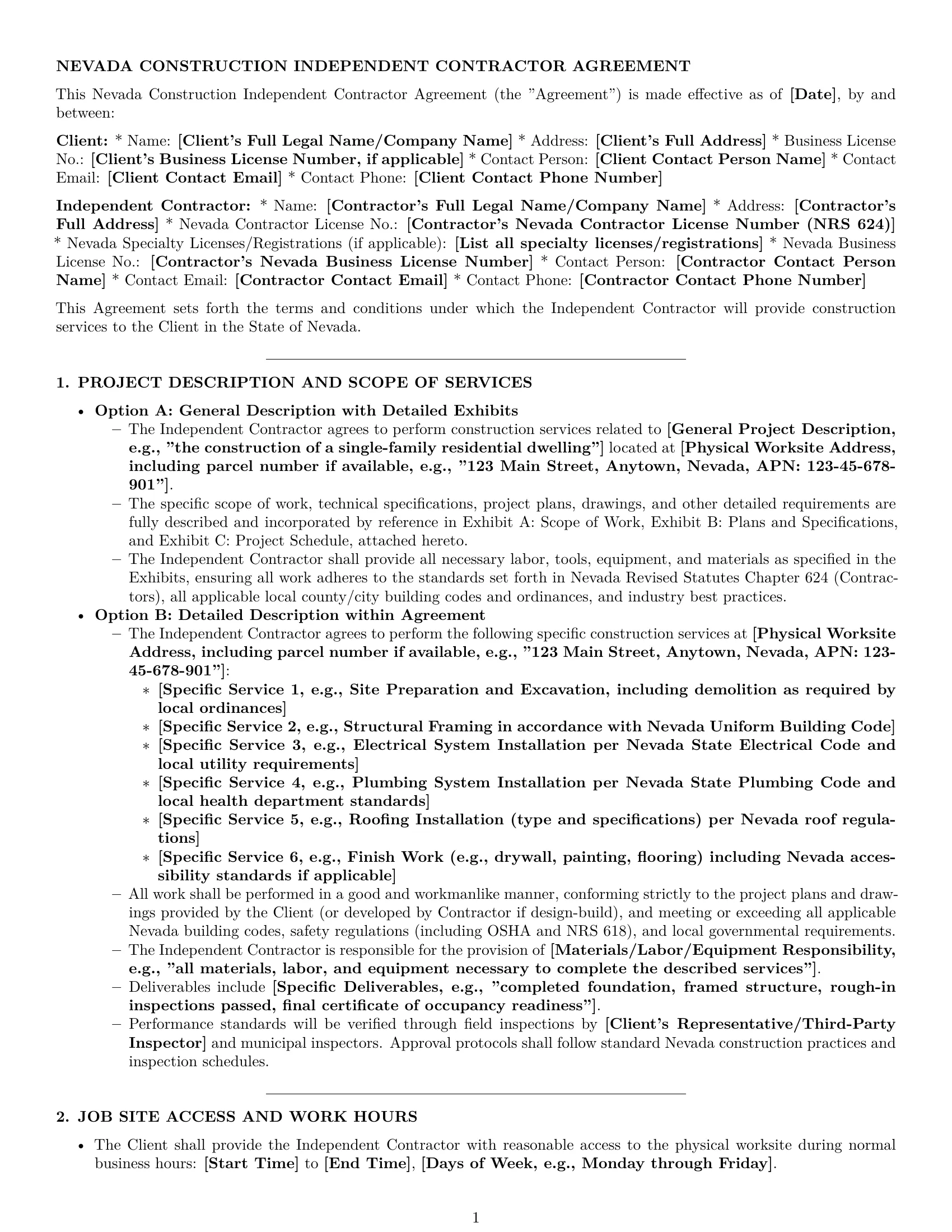 Preview page 1 of Pro Nevada construction independent contractor agreement template