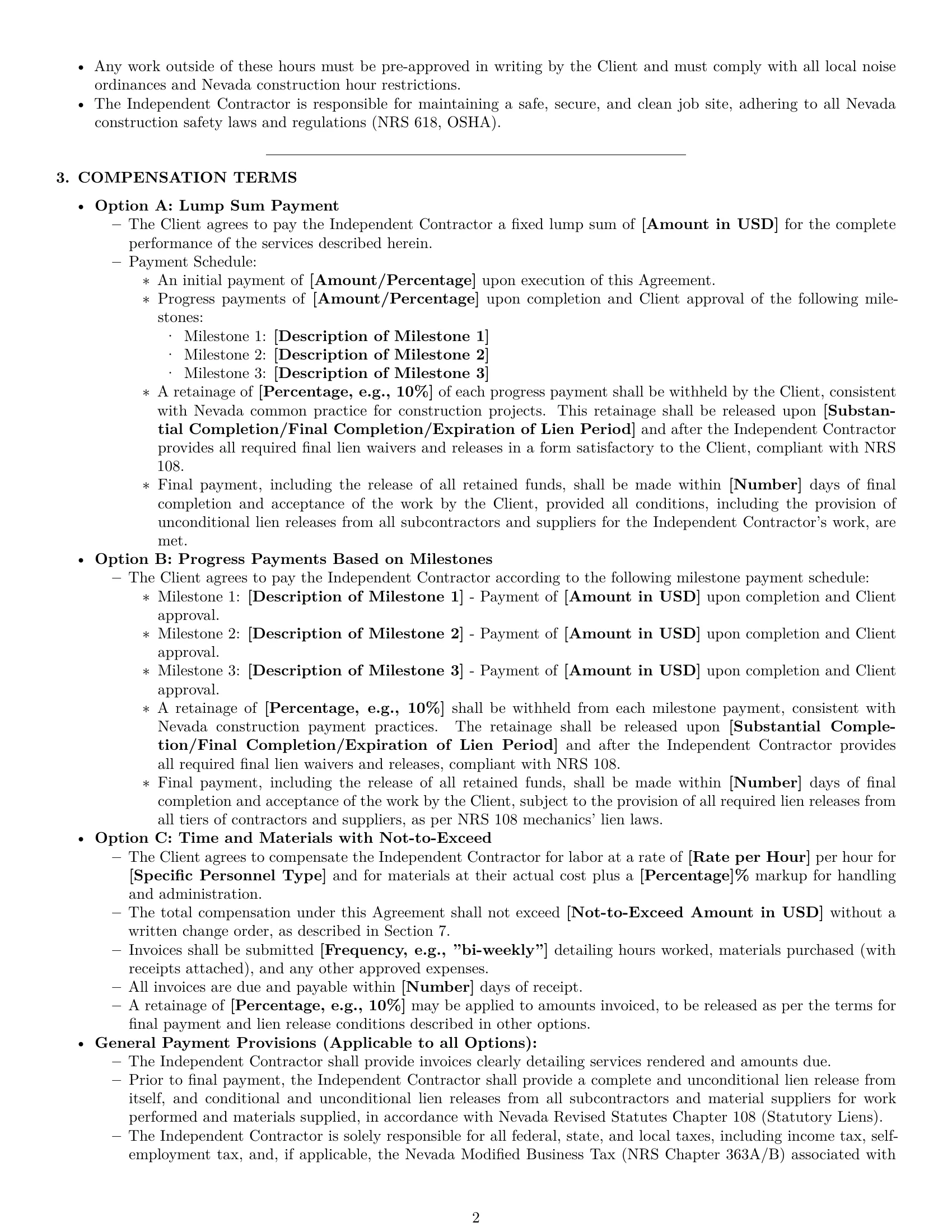 Preview page 2 of Pro Nevada construction independent contractor agreement template