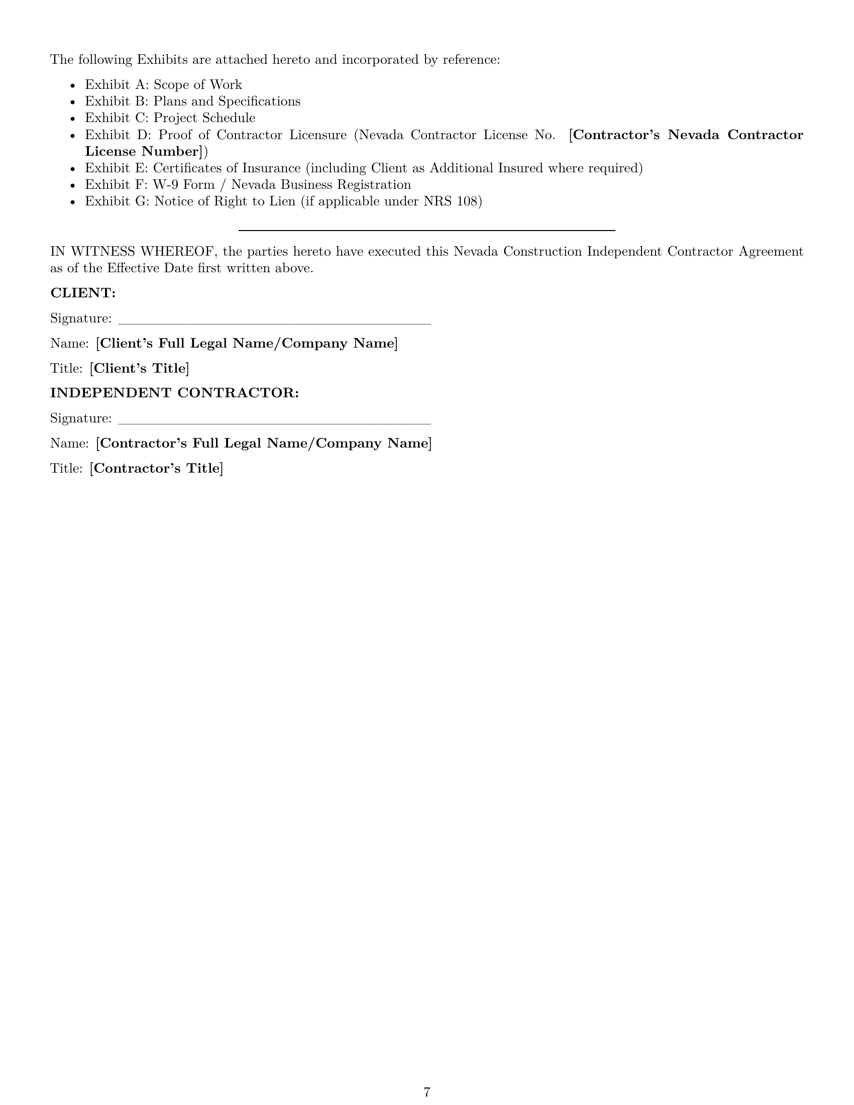 Preview page 7 of Pro Nevada construction independent contractor agreement template