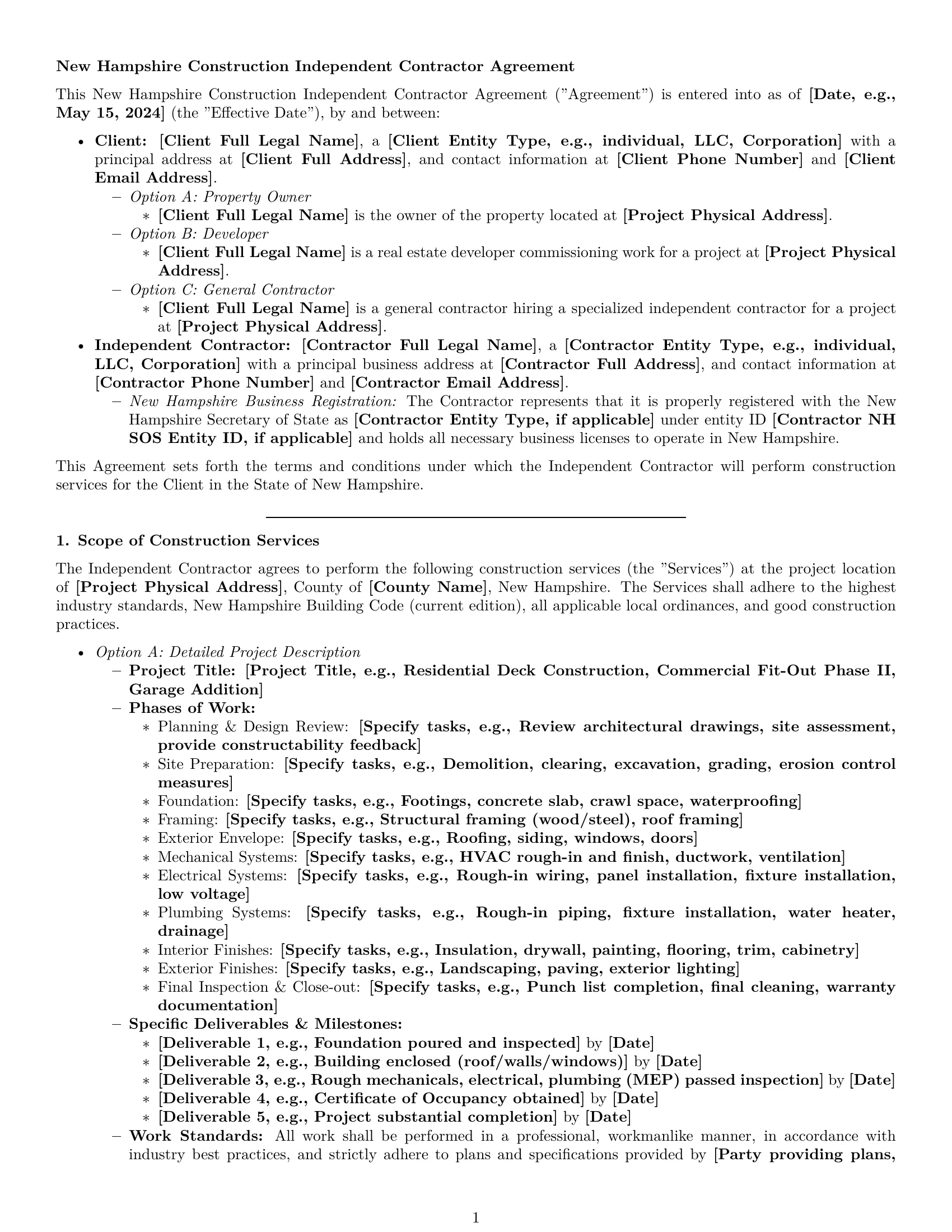 Preview page 1 of Pro New Hampshire construction independent contractor agreement template