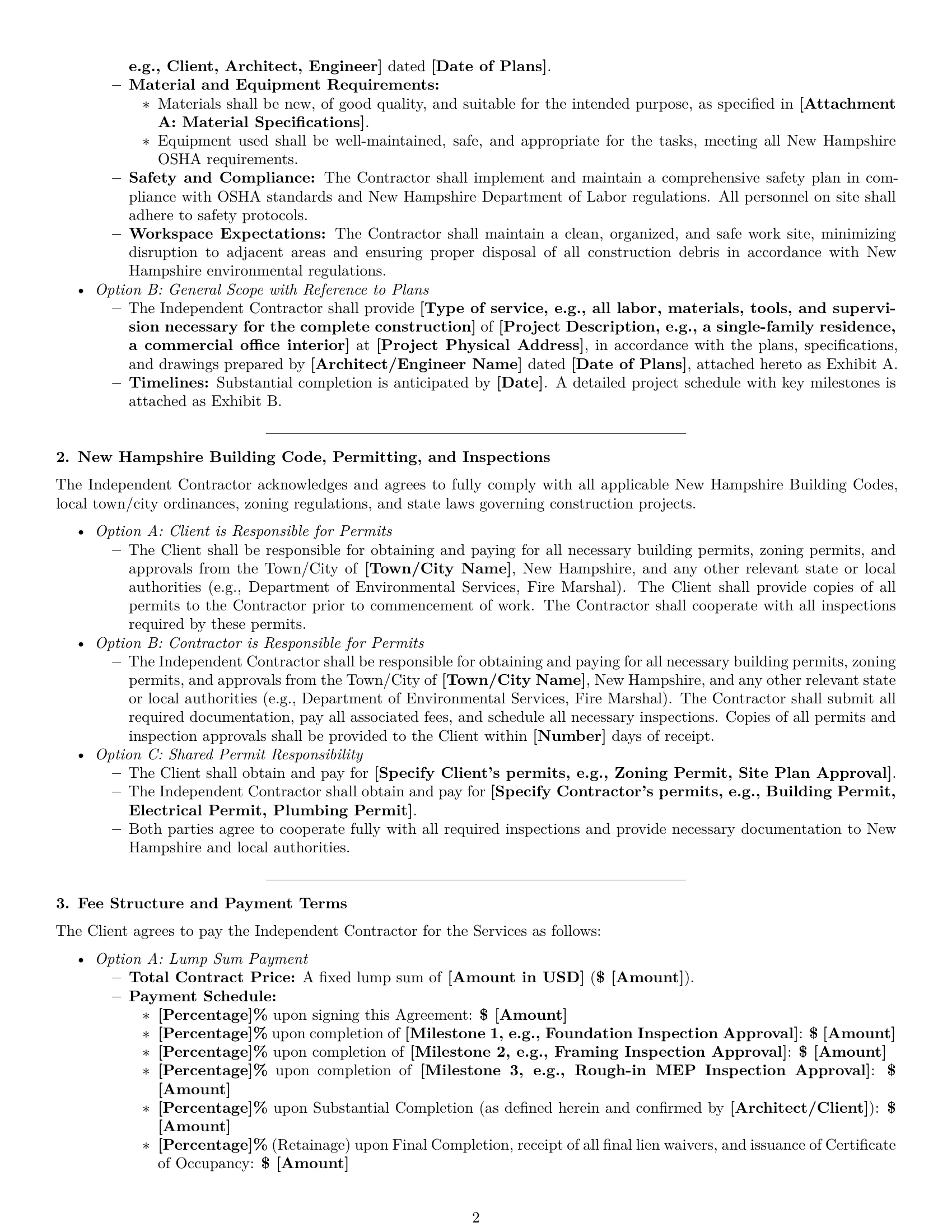 Preview page 2 of Pro New Hampshire construction independent contractor agreement template