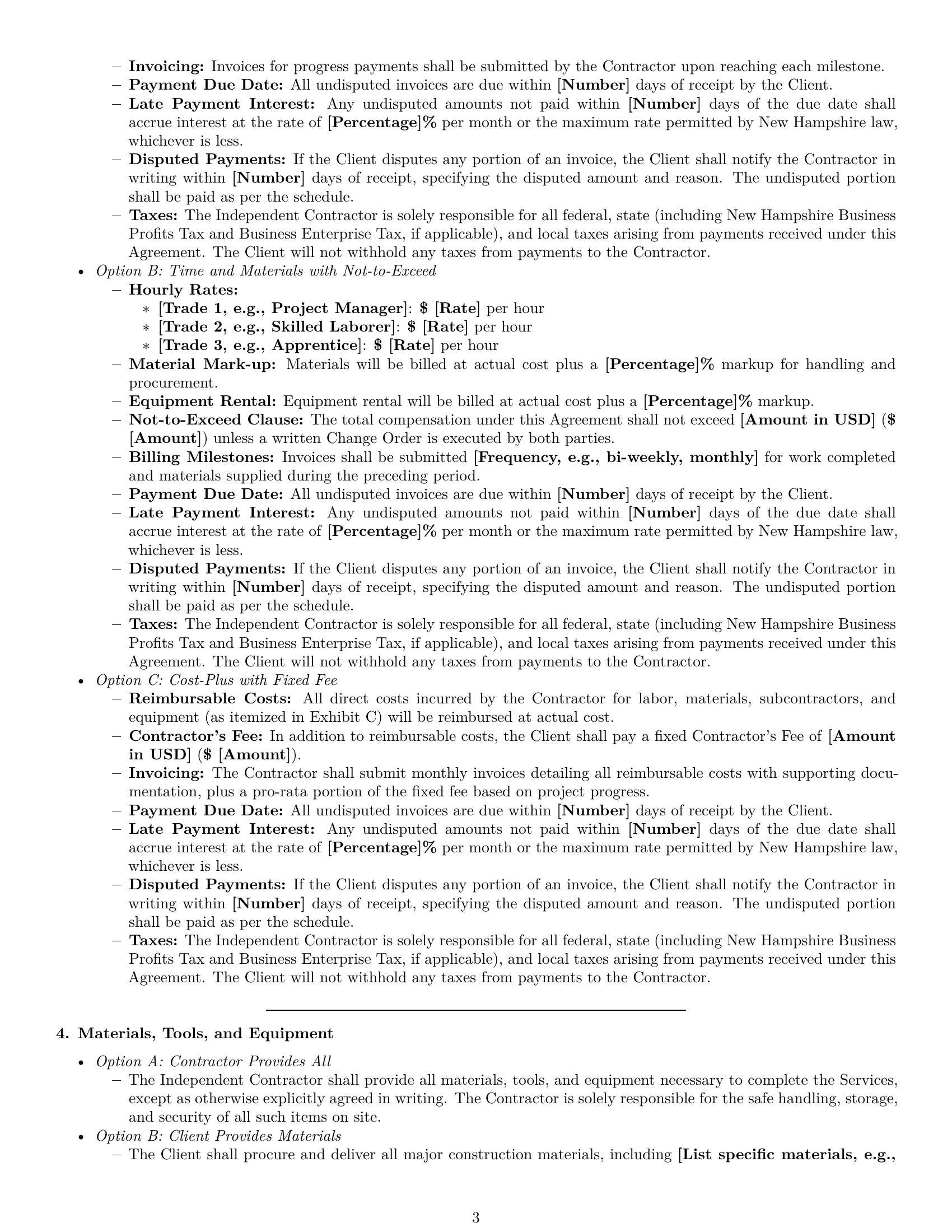 Preview page 3 of Pro New Hampshire construction independent contractor agreement template